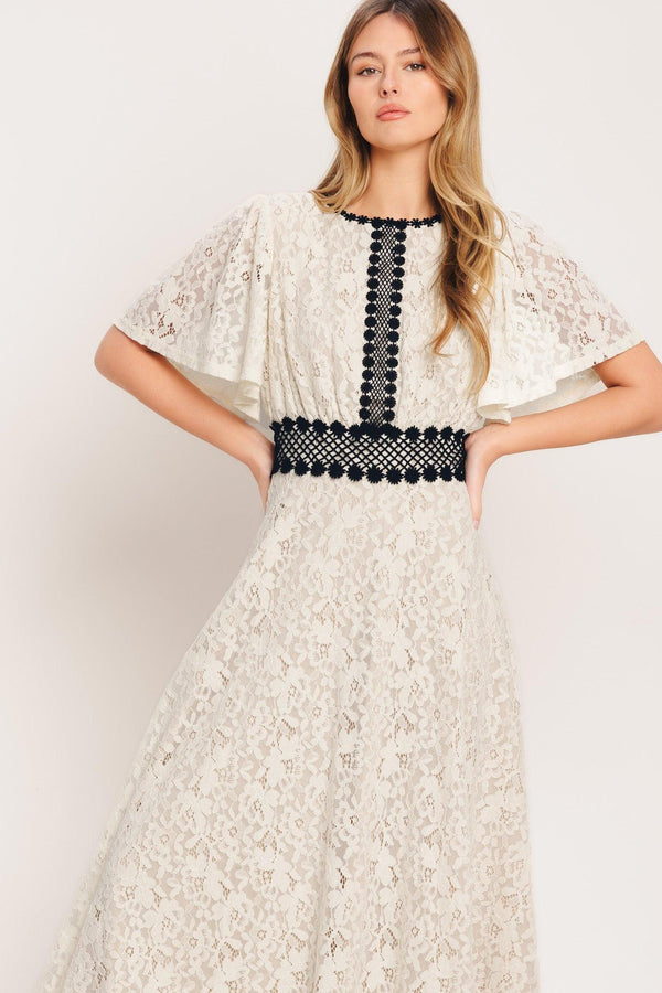 A solid woven lace midi dress featuring round neckline, lace inset detail, circle skirt and back zipper closure

Details:

Self : 100% Polyester
Lining : 100% Polyester
Exclusive of Decoration

Size &amp; Fit

- Model is 5`8" And Wearing Size Small
- Measurements Taken From Size Small
- Approx. Length: 53"