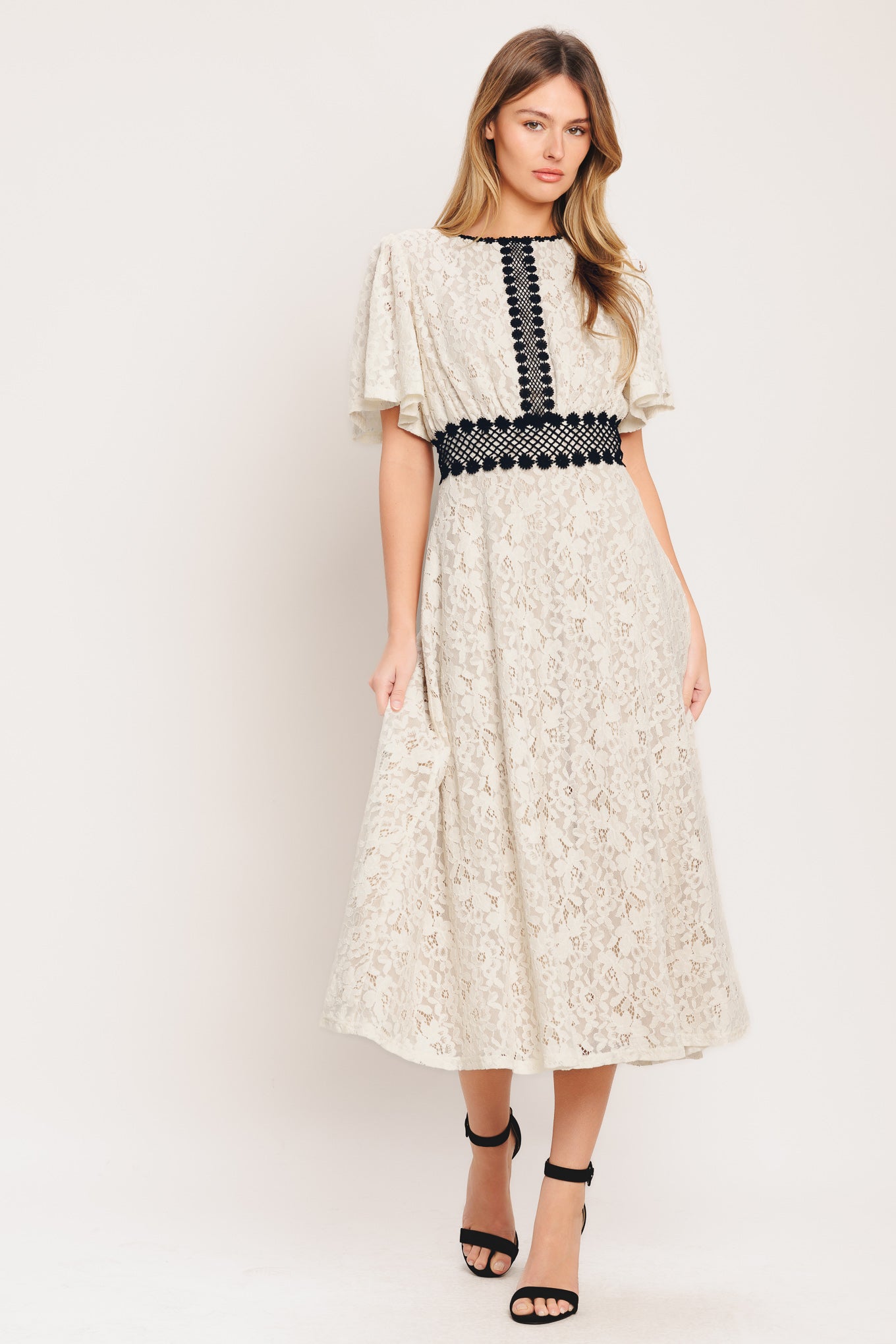 A solid woven lace midi dress featuring round neckline, lace inset detail, circle skirt and back zipper closure

Details:

Self : 100% Polyester
Lining : 100% Polyester
Exclusive of Decoration

Size &amp; Fit

- Model is 5`8" And Wearing Size Small
- Measurements Taken From Size Small
- Approx. Length: 53"