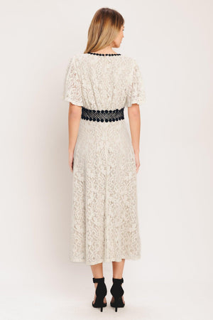 A solid woven lace midi dress featuring round neckline, lace inset detail, circle skirt and back zipper closure

Details:

Self : 100% Polyester
Lining : 100% Polyester
Exclusive of Decoration

Size &amp; Fit

- Model is 5`8" And Wearing Size Small
- Measurements Taken From Size Small
- Approx. Length: 53"