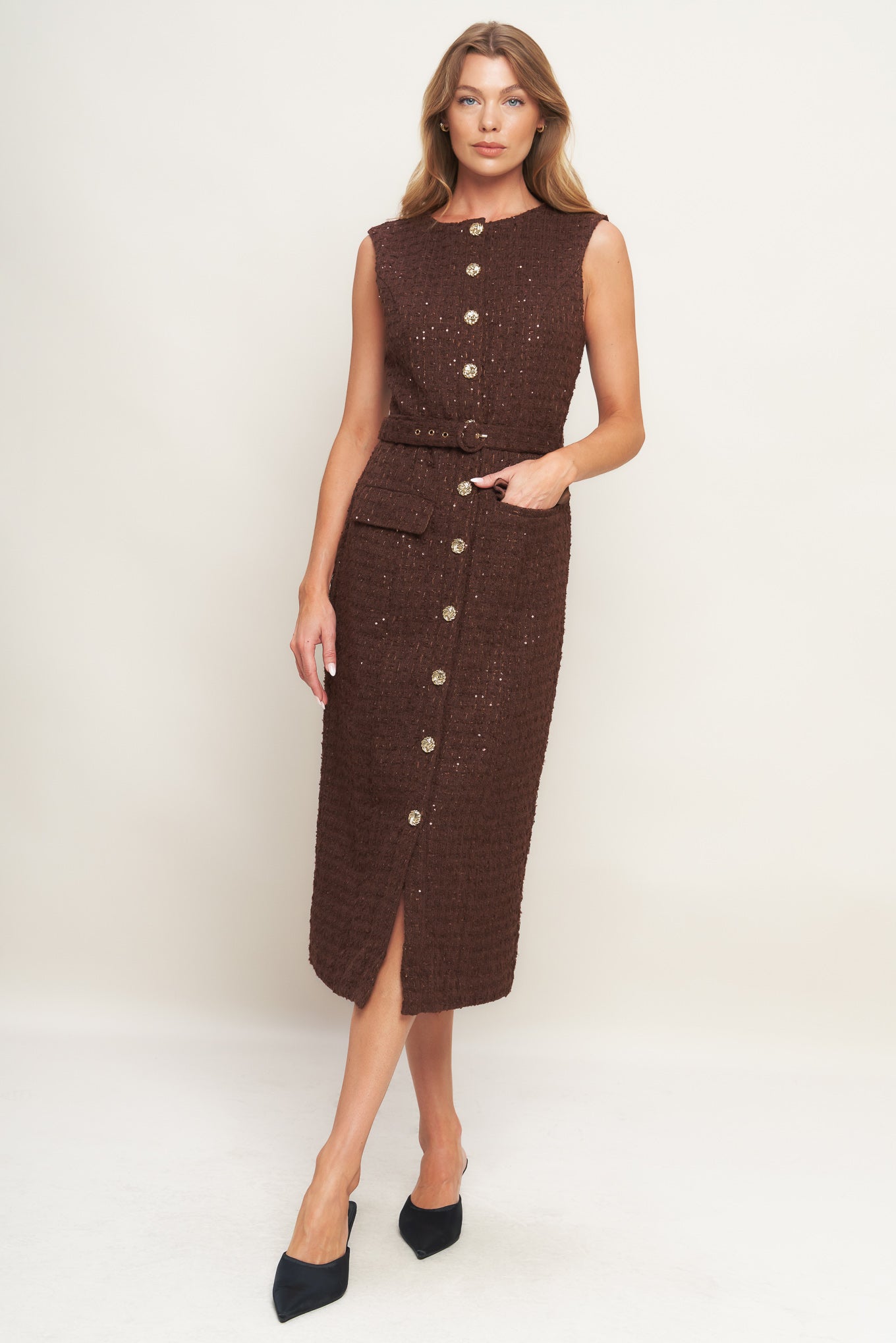 A tweed midi dress featuring round neckline, sleeveless, front button down and self belt
