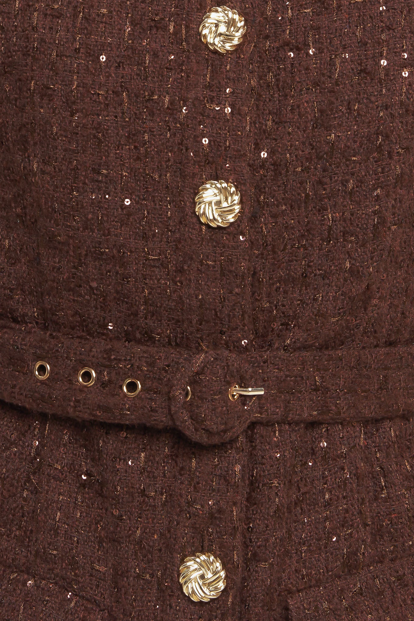 A tweed midi dress featuring round neckline, sleeveless, front button down and self belt