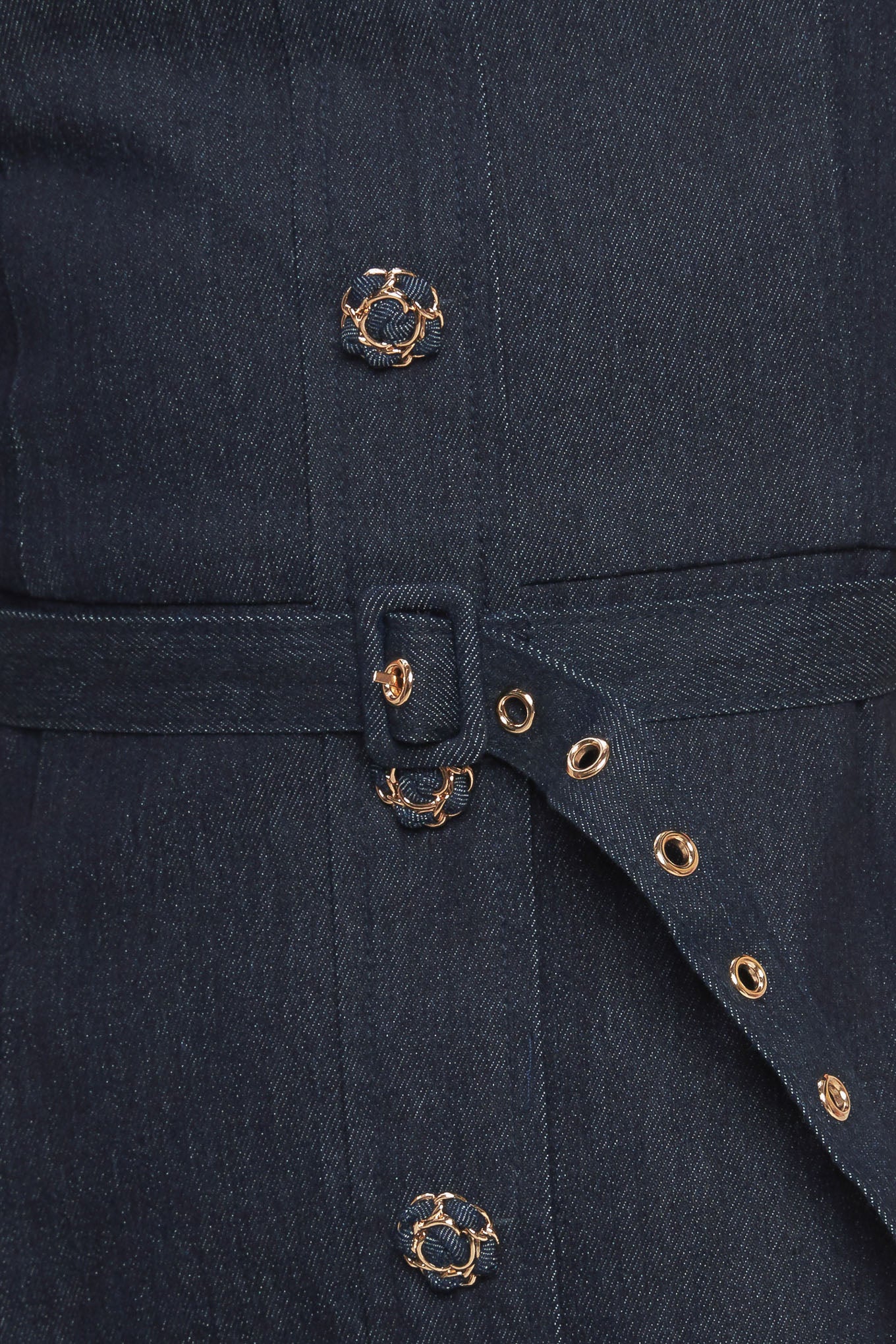 A denim mini dress featuring collar, 3/4 sleeve, front button down detail and back zipper closure