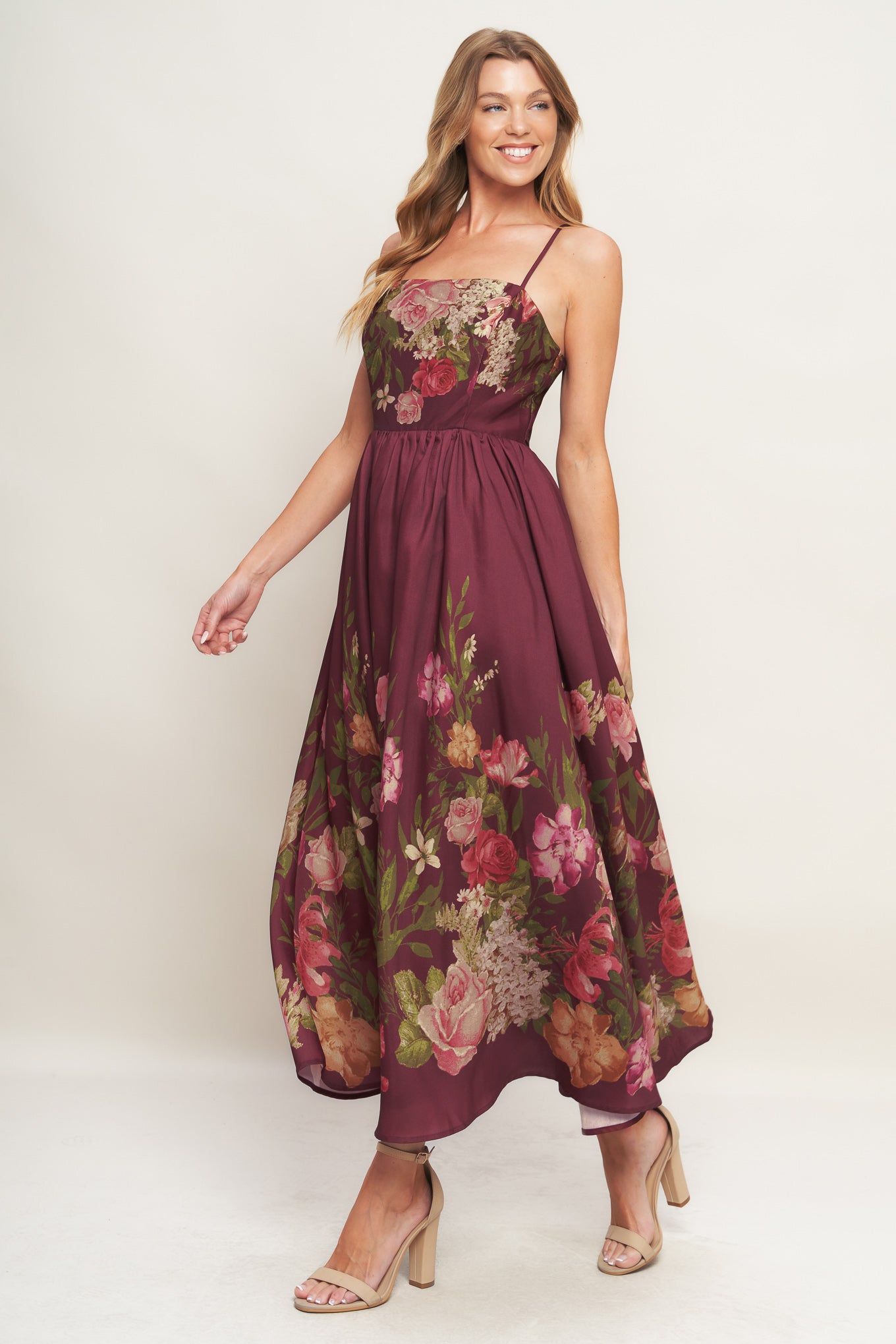 A printed woven ankle dress featuring straight neckline, straps, full skirt and back zipper closure