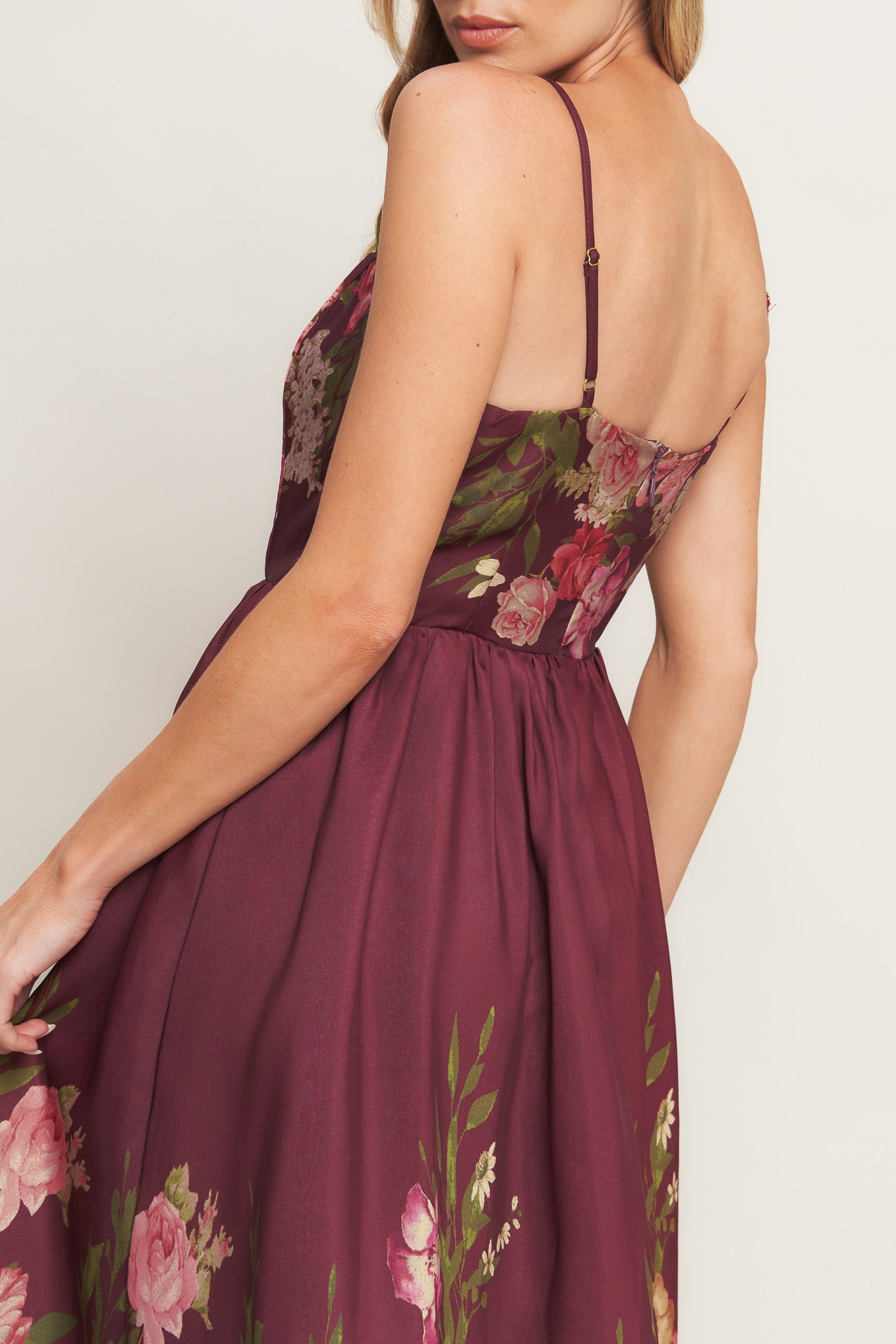 A printed woven ankle dress featuring straight neckline, straps, full skirt and back zipper closure