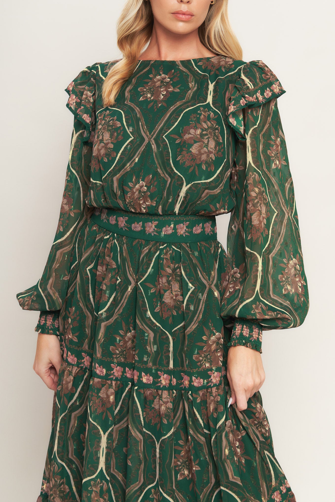 A printed woven midi dress featuring round neckline, long sleeve with ruffled shoulder, tiered skirt, smocked waist band and back neck button closure