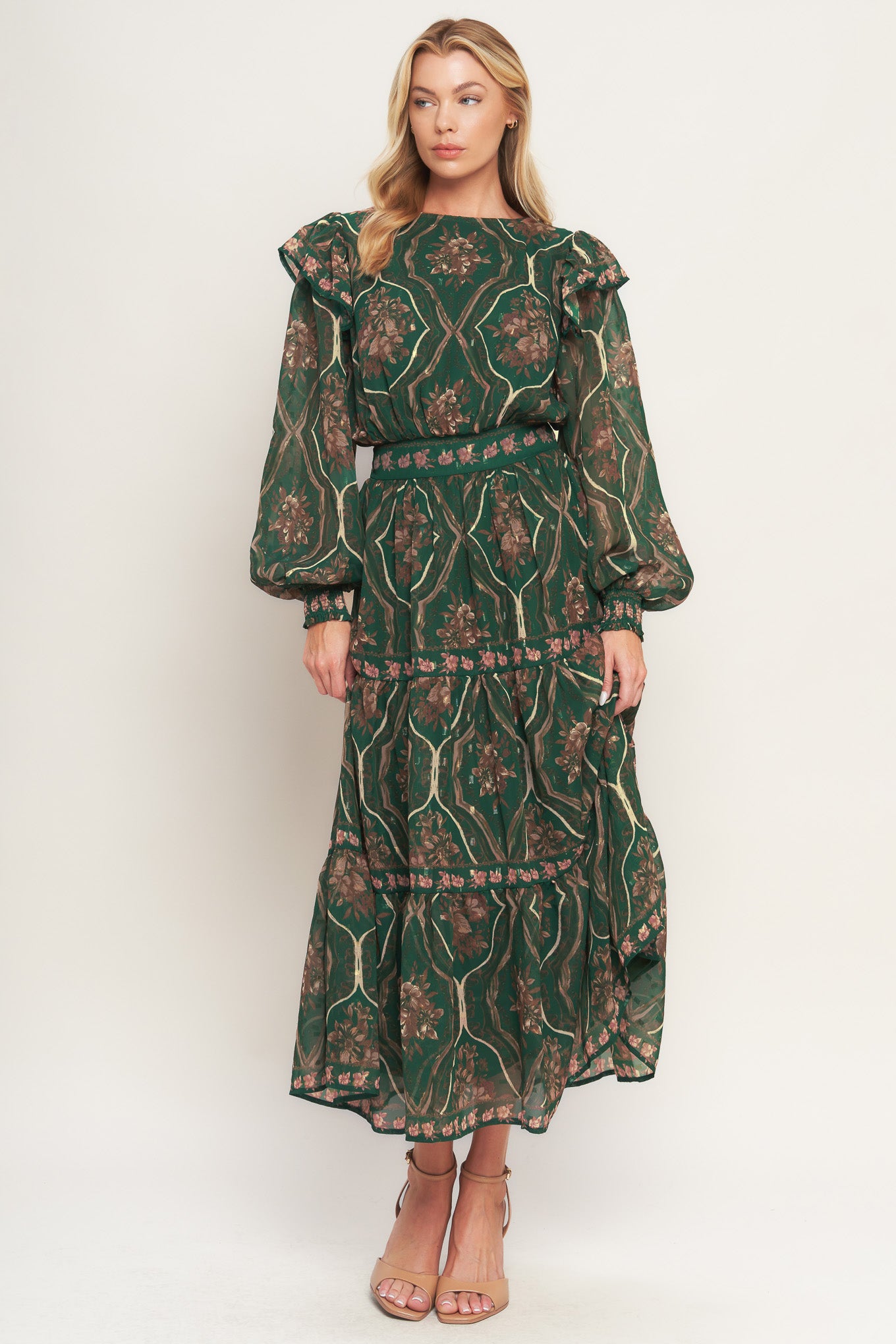 A printed woven midi dress featuring round neckline, long sleeve with ruffled shoulder, tiered skirt, smocked waist band and back neck button closure