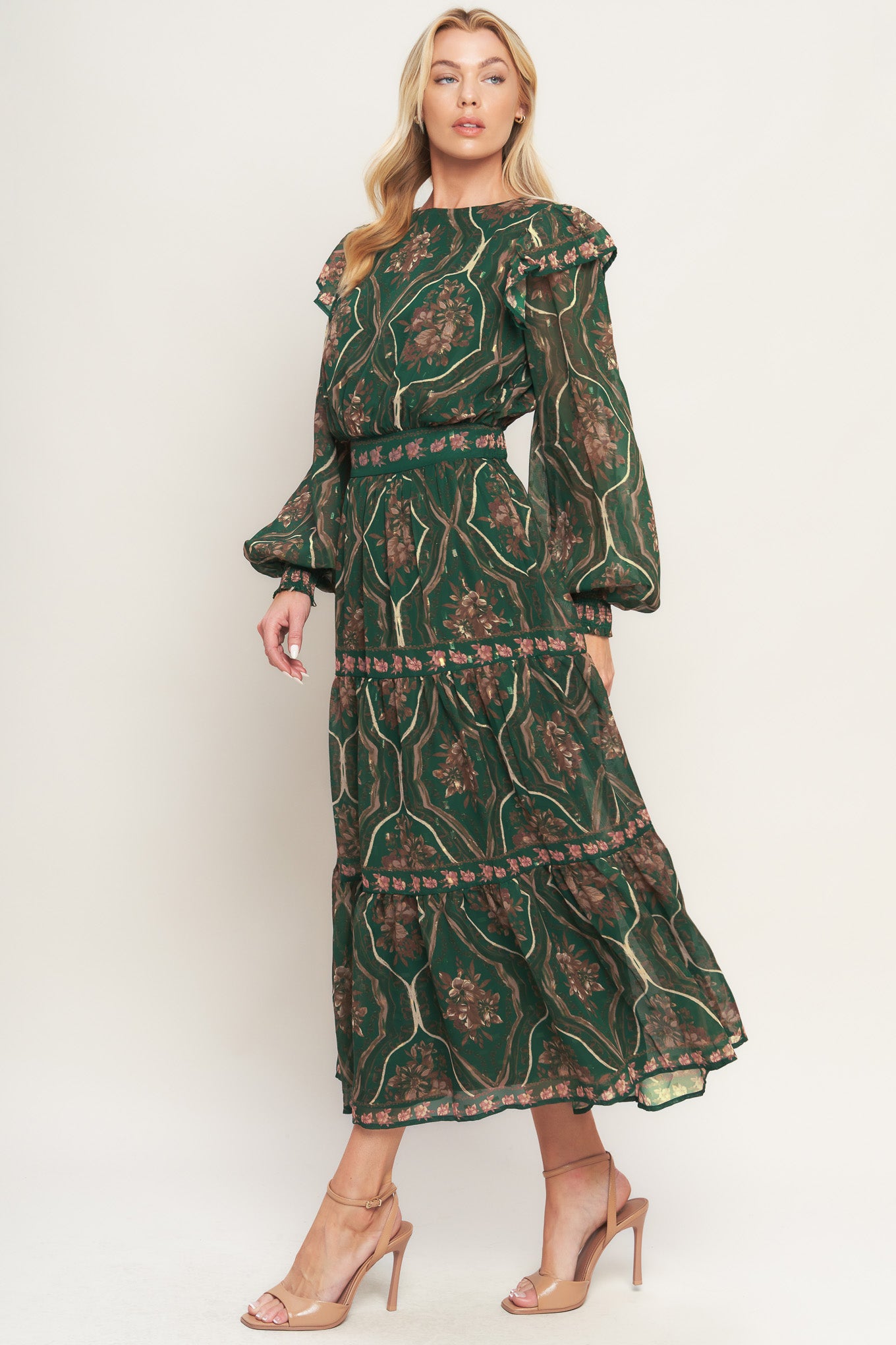 A printed woven midi dress featuring round neckline, long sleeve with ruffled shoulder, tiered skirt, smocked waist band and back neck button closure