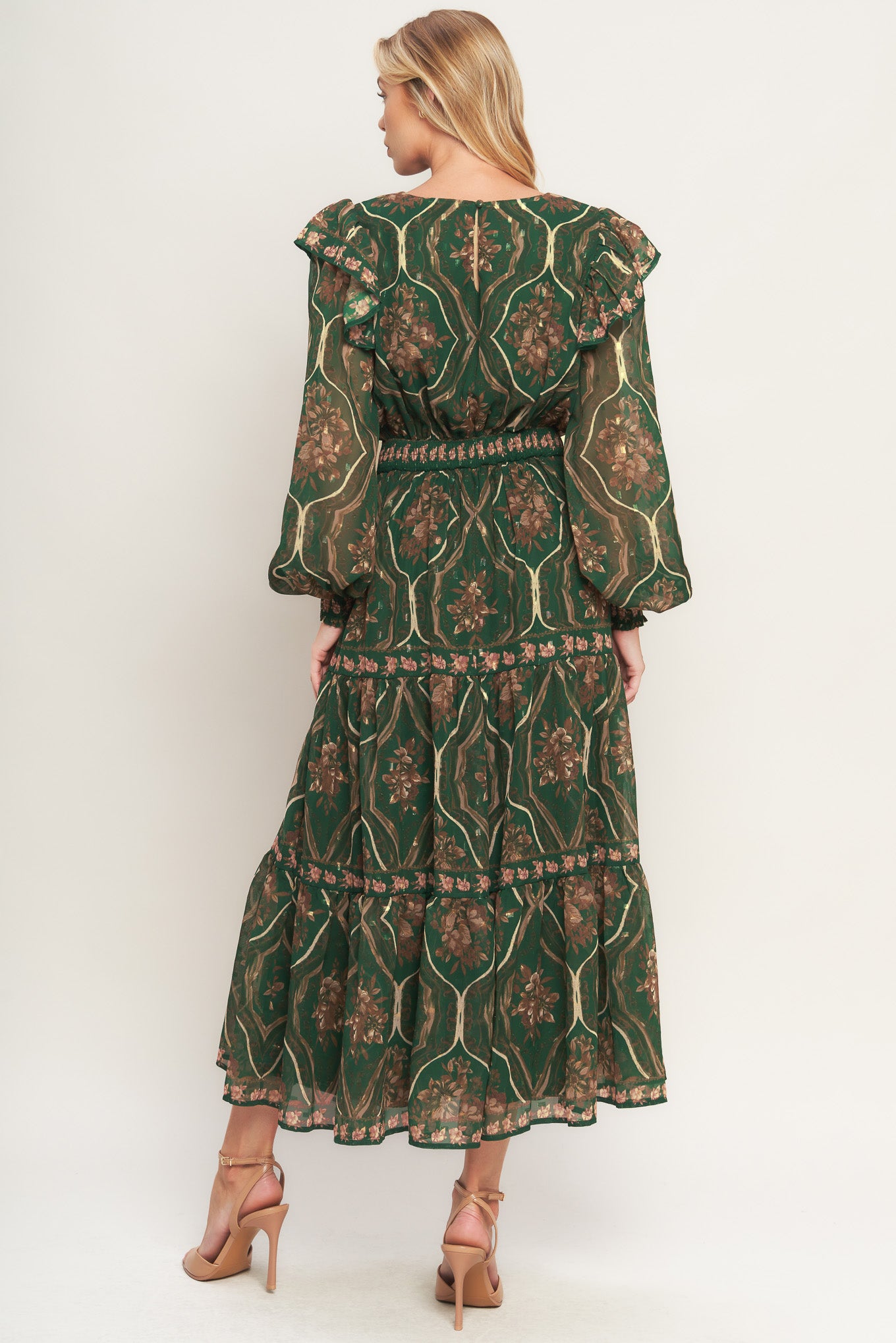 A printed woven midi dress featuring round neckline, long sleeve with ruffled shoulder, tiered skirt, smocked waist band and back neck button closure