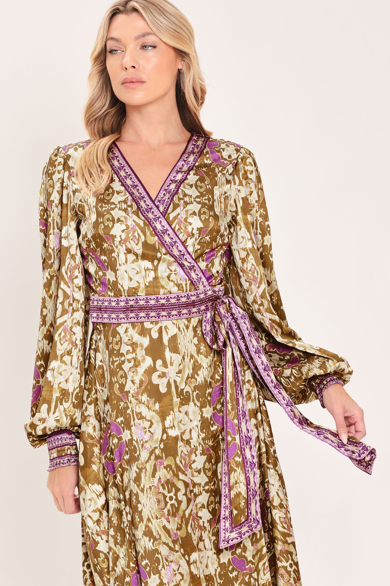 IKAT BLOOM WOVEN MIDI TRUE WRAP DRESS