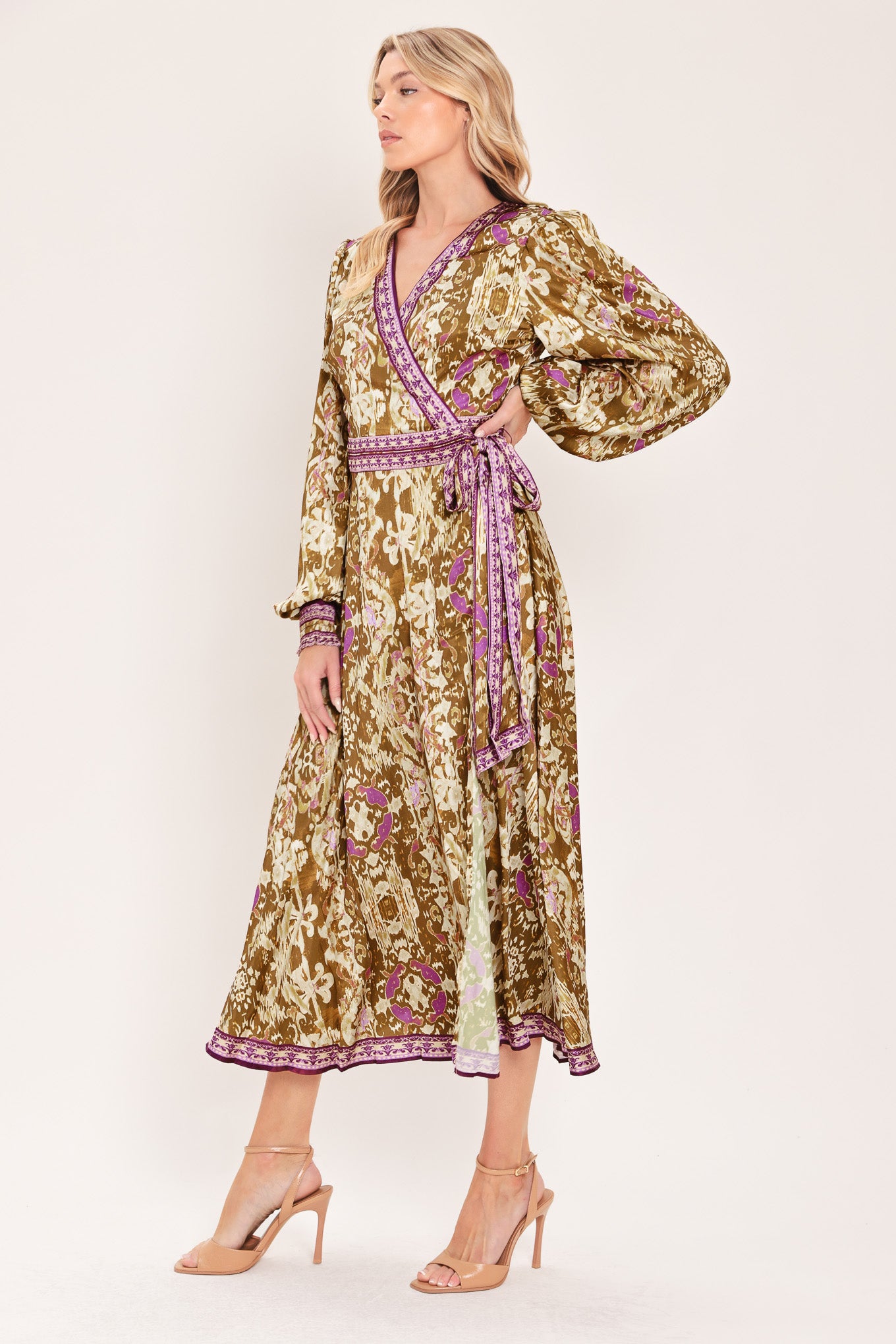 IKAT BLOOM WOVEN MIDI TRUE WRAP DRESS