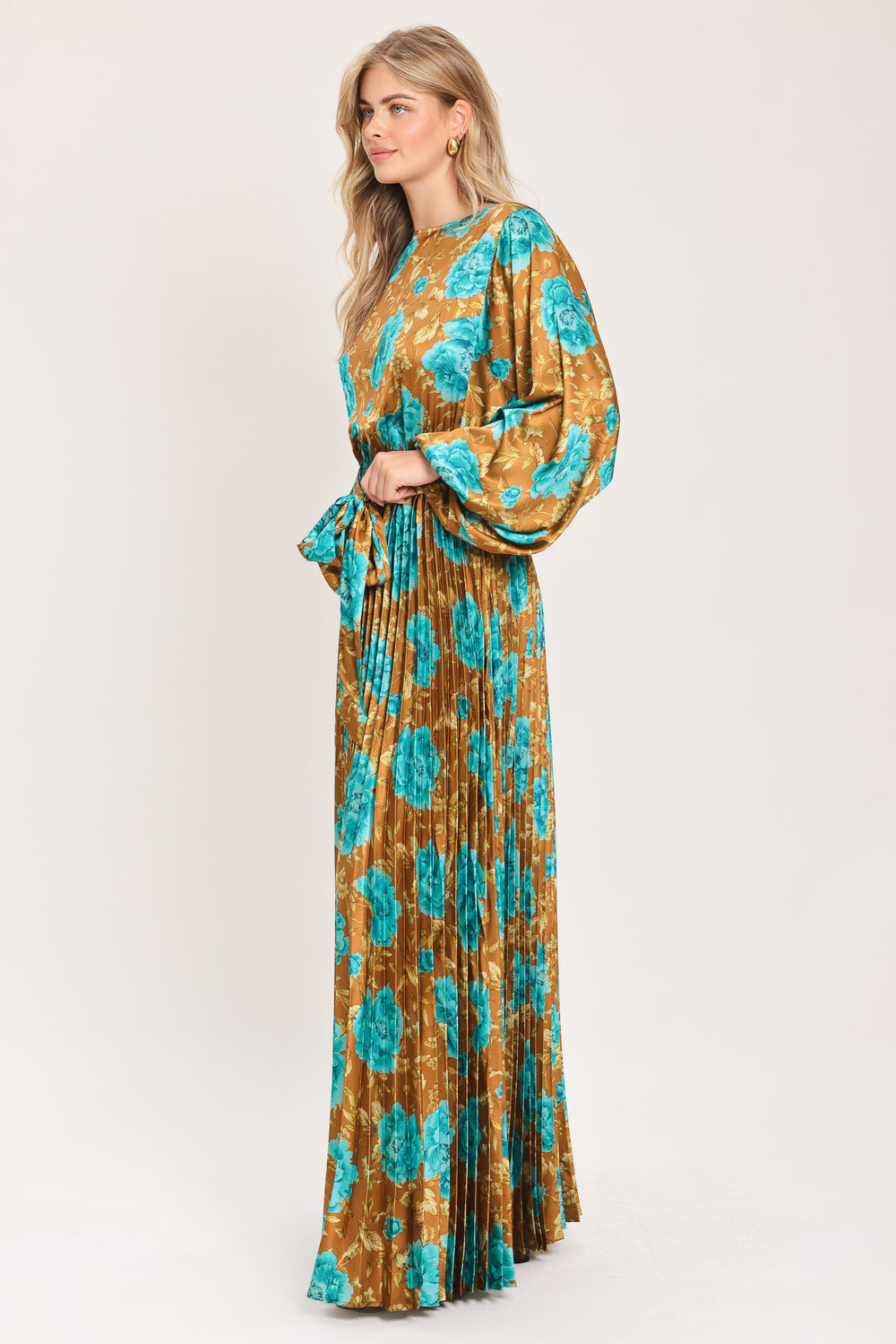 GOLDEN BLOOM LUXE WOVEN SATIN MAXI DRESS