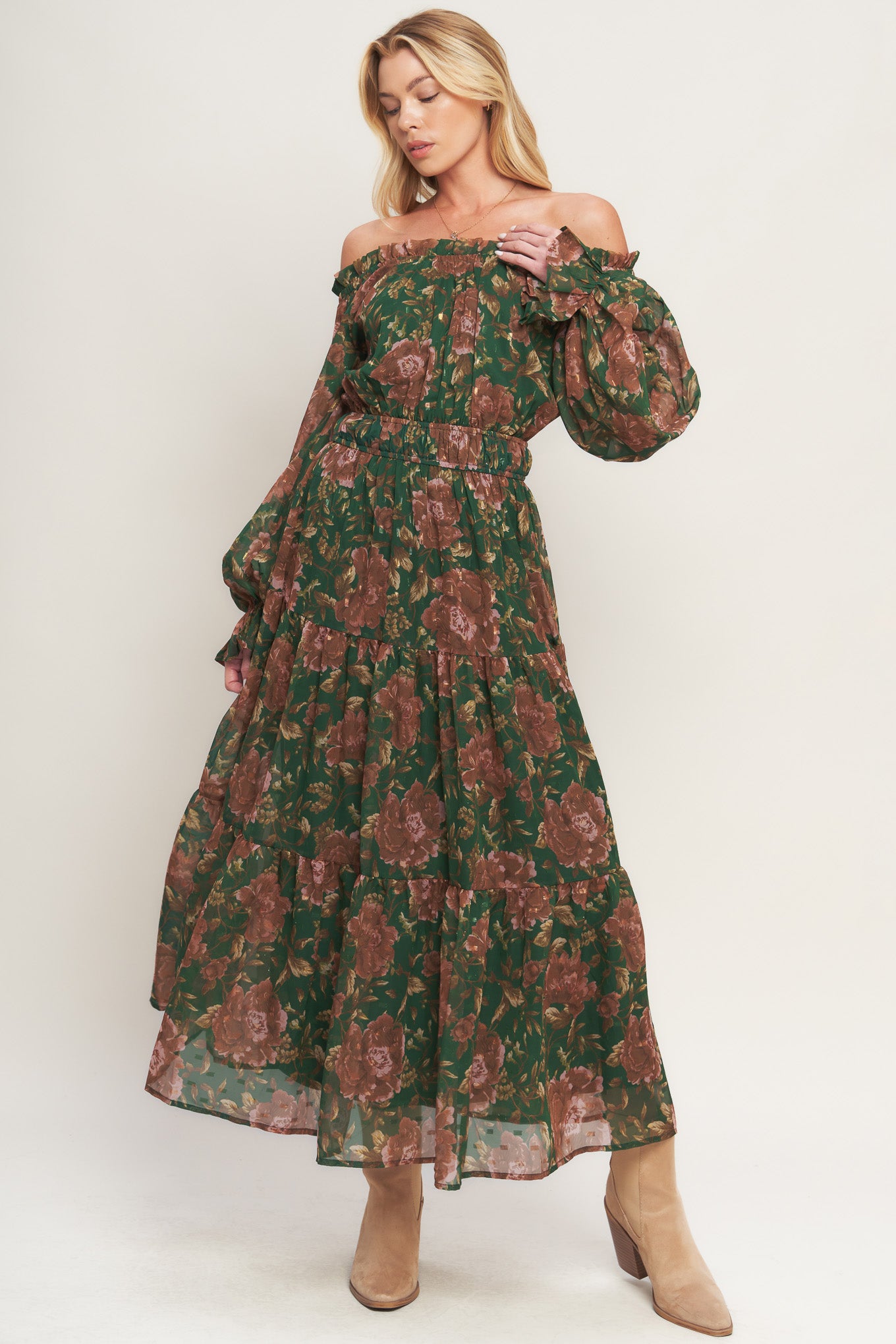 A printed woven midi dress featuring elasticized wide ruffled neckline, long sleeve with ruffled cuff, elasticized waist and tiered skirt