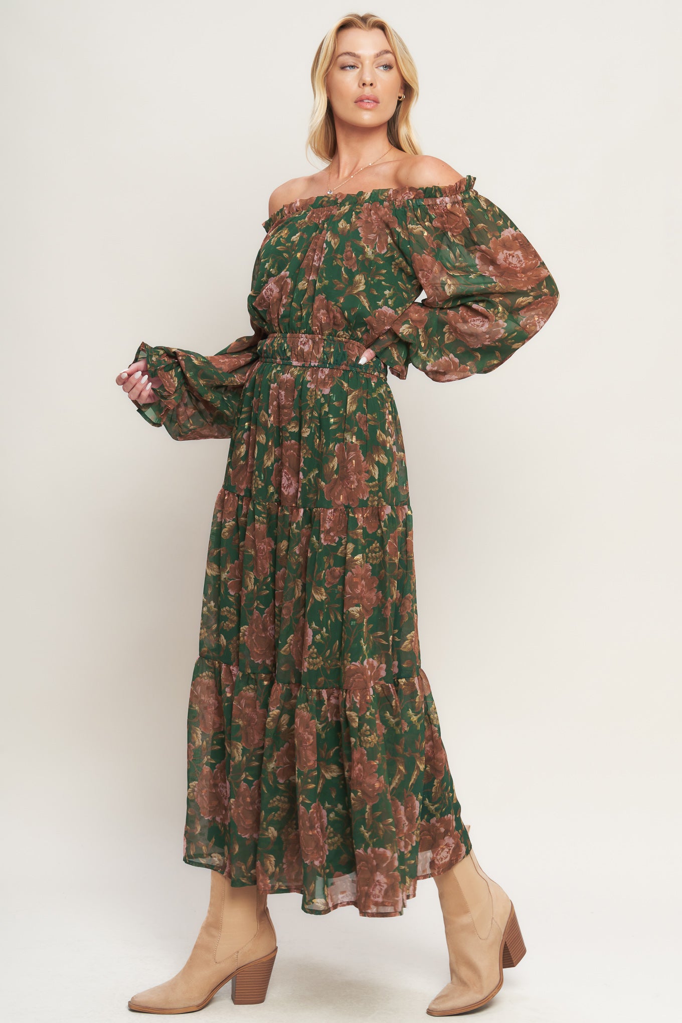 A printed woven midi dress featuring elasticized wide ruffled neckline, long sleeve with ruffled cuff, elasticized waist and tiered skirt