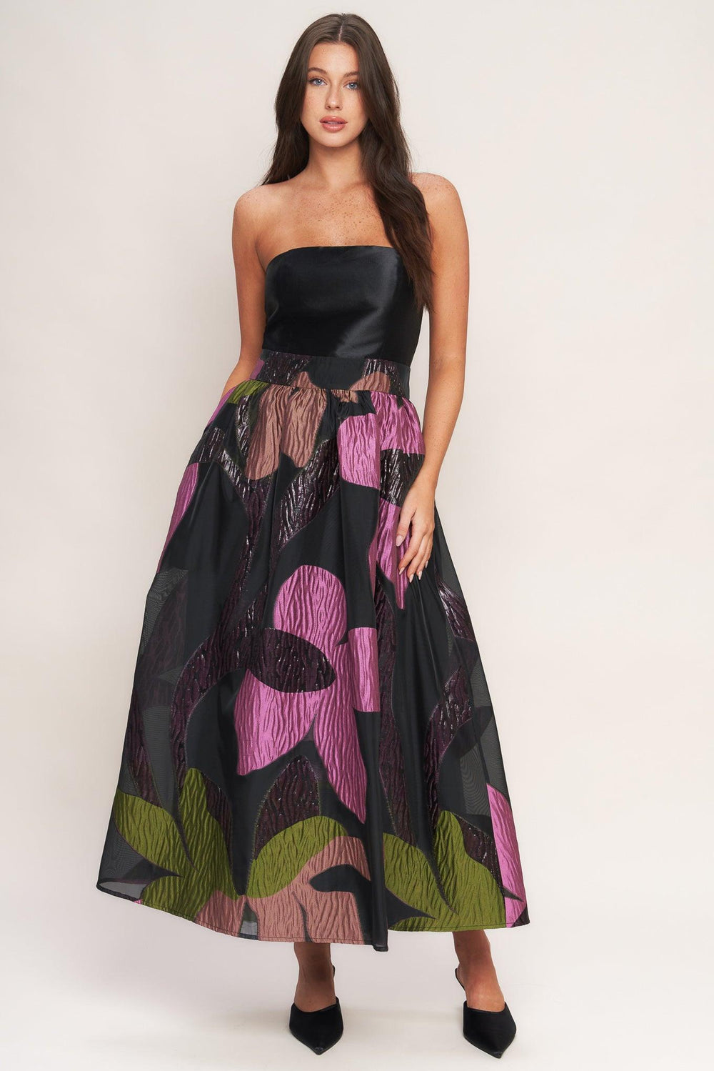 ABSTRACT ROSE WOVEN MIDI DRESS.