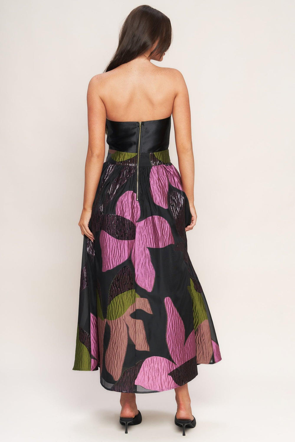 ABSTRACT ROSE WOVEN MIDI DRESS.