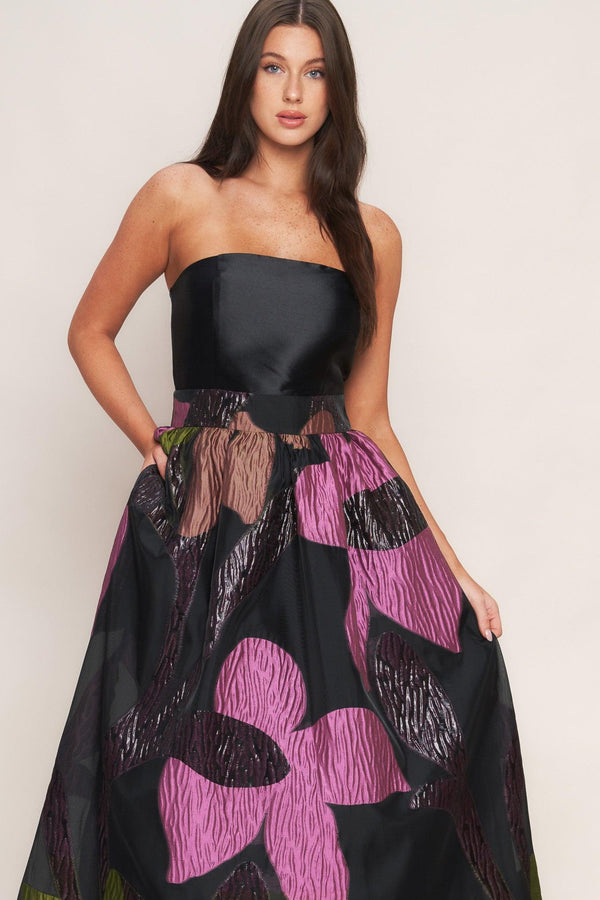 ABSTRACT ROSE WOVEN MIDI DRESS.