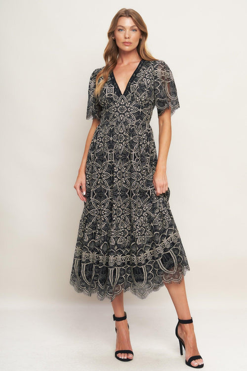 A woven lace midi dress featuring V neckline with lace trim, short sleeve, waist yoke and back zipper closure