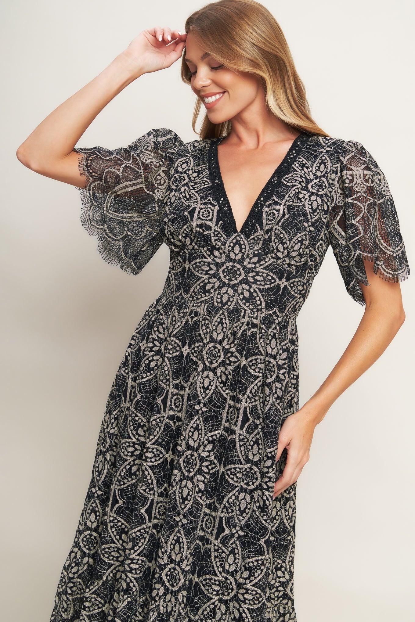 lace trimmed short sleeve midi dress Moon River Short Ruffle Sleeve Lace Trim Midi Dress Capri by Sunset & Co