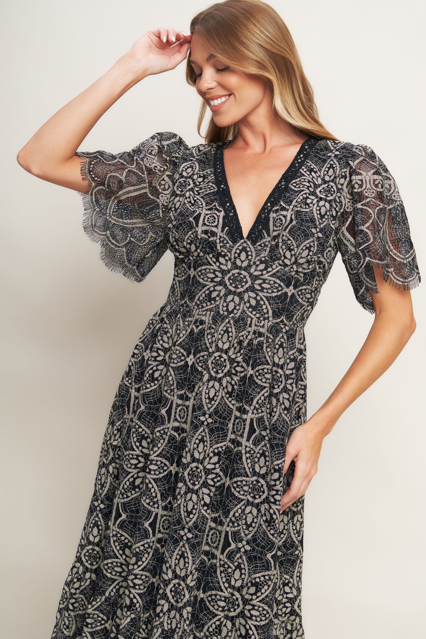 A woven lace midi dress featuring V neckline with lace trim, short sleeve, waist yoke and back zipper closure