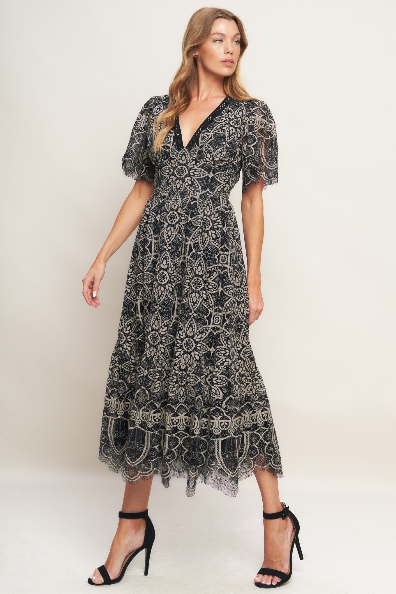 A woven lace midi dress featuring V neckline with lace trim, short sleeve, waist yoke and back zipper closure