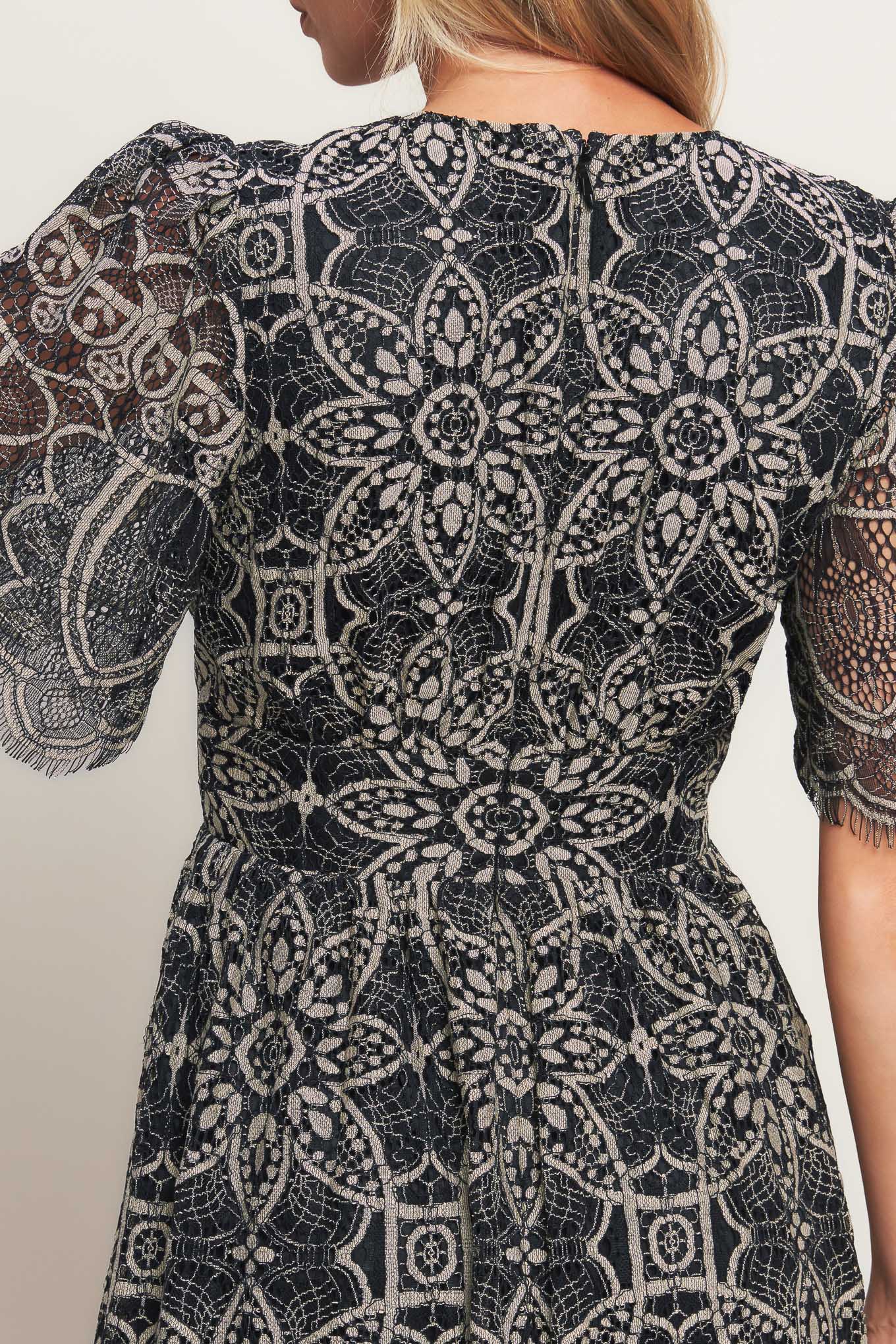 A woven lace midi dress featuring V neckline with lace trim, short sleeve, waist yoke and back zipper closure