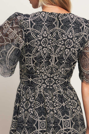 A woven lace midi dress featuring V neckline with lace trim, short sleeve, waist yoke and back zipper closure