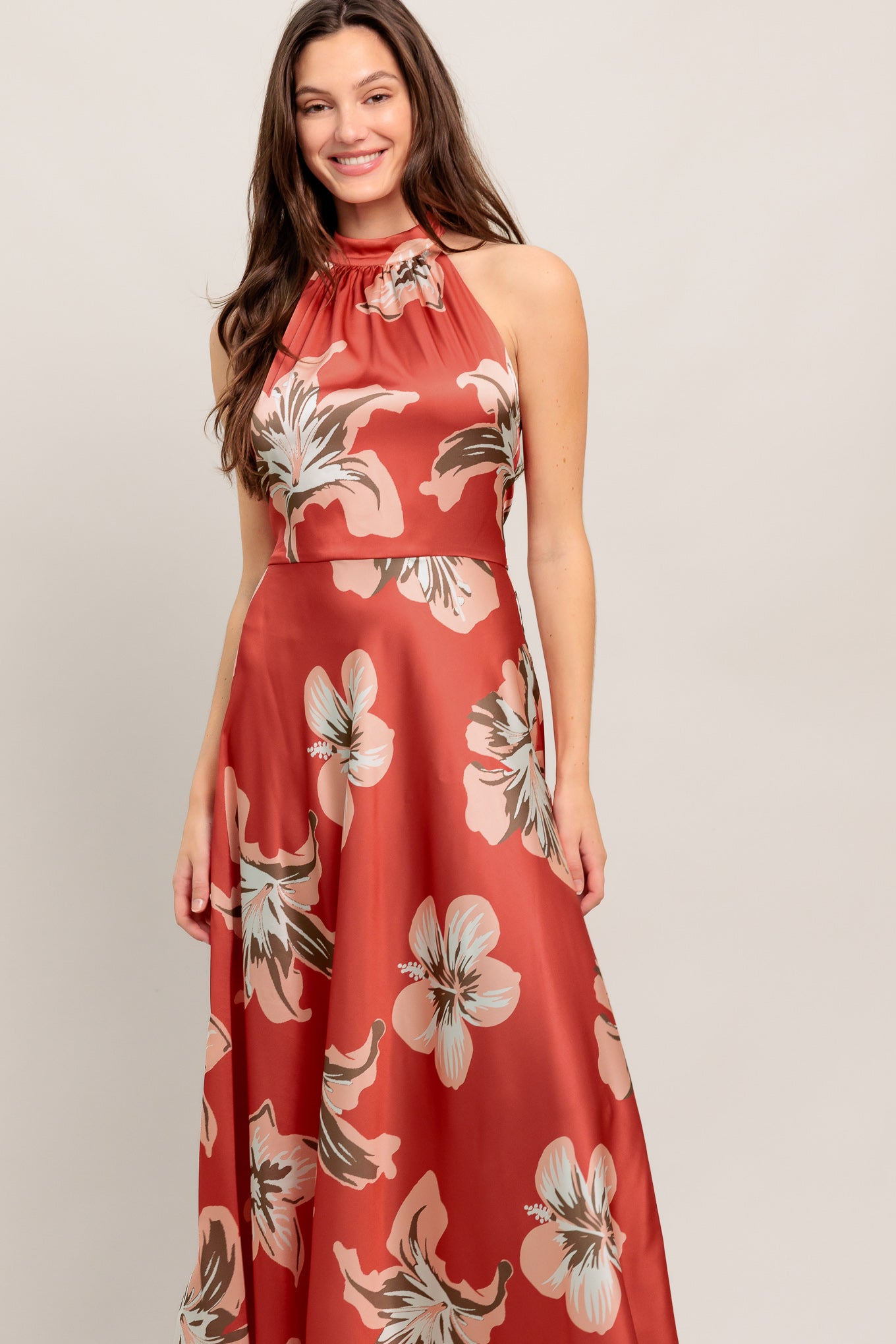 
A printed woven midi dress featuring halter neckline with back tie, circle skirt, bare back with elastic and side zipper closure

Details:

Self : 100% Polyester
Lining : 100% Polyester

Size &amp; Fit

- Model is 5`8" And Wearing Size Small
- Measurements Taken From Size Small
- Approx. Length: 54" Flying Tomato