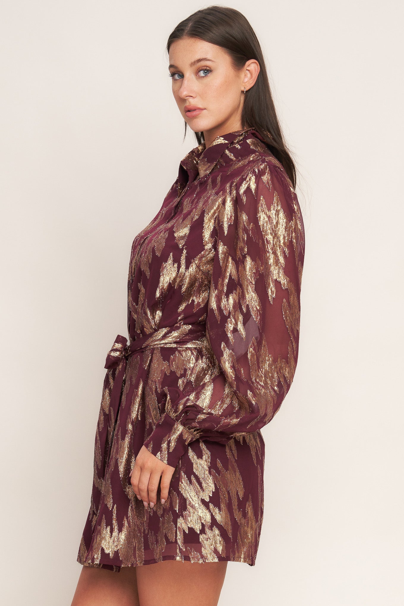 A metallic threaded woven mini dress featuring collar, bow tie, front button down and long sleeve with cuff