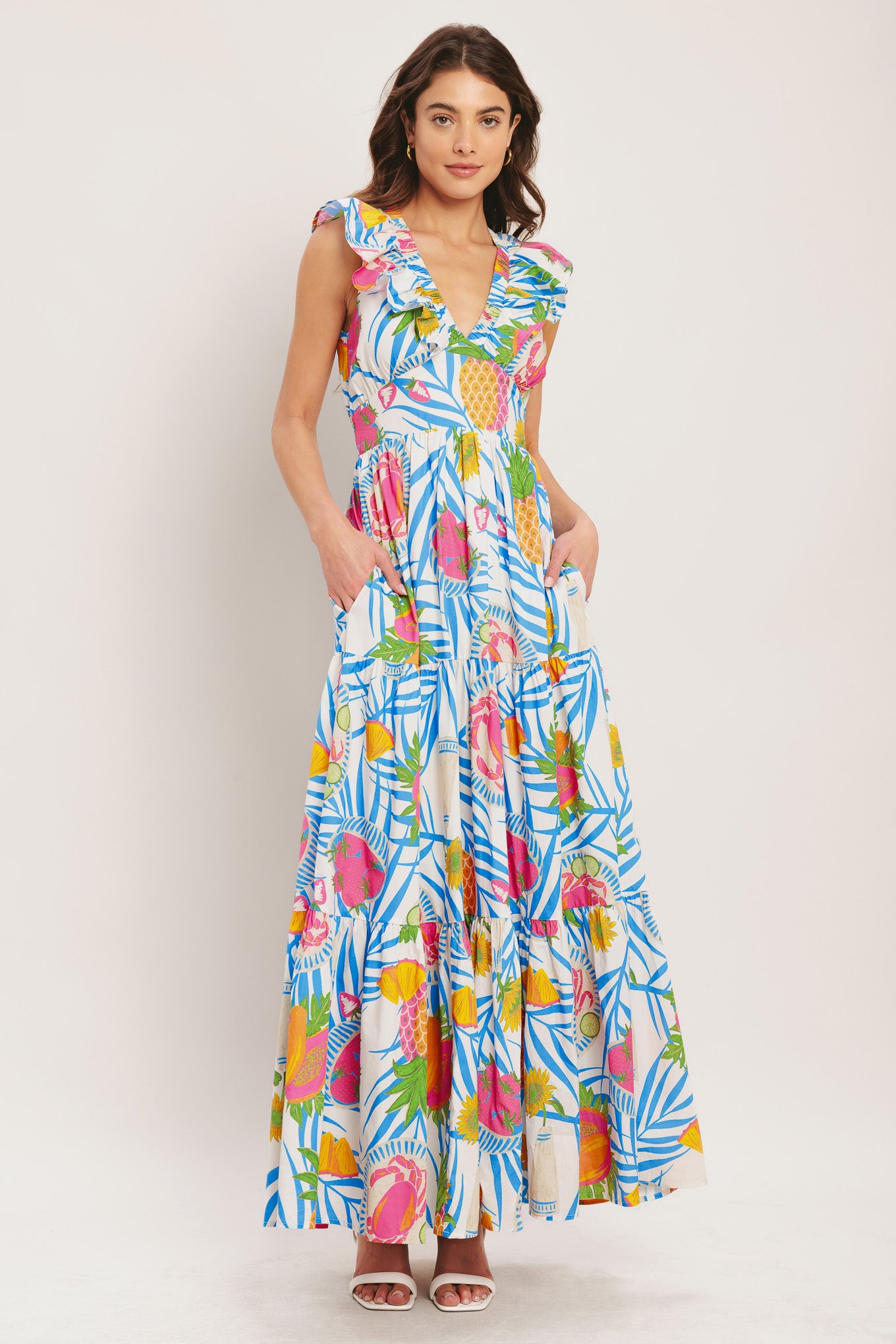 
A printed woven maxi dress featuring V neckline with ruffle, waist yoke, tiered skirt and smocked back waist band

Details:

Self : 100% Cotton
Lining : 100% Polyester

Size &amp; Fit

- Model is 5`8" And Wearing Size Small
- Measurements Taken From Size Small
- Approx. Length: 56"