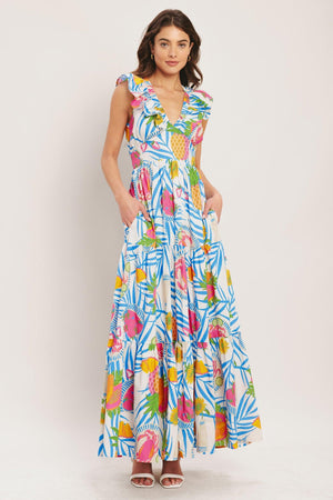 PINEAPPLE PARADISE WOVEN MAXI DRESS.
