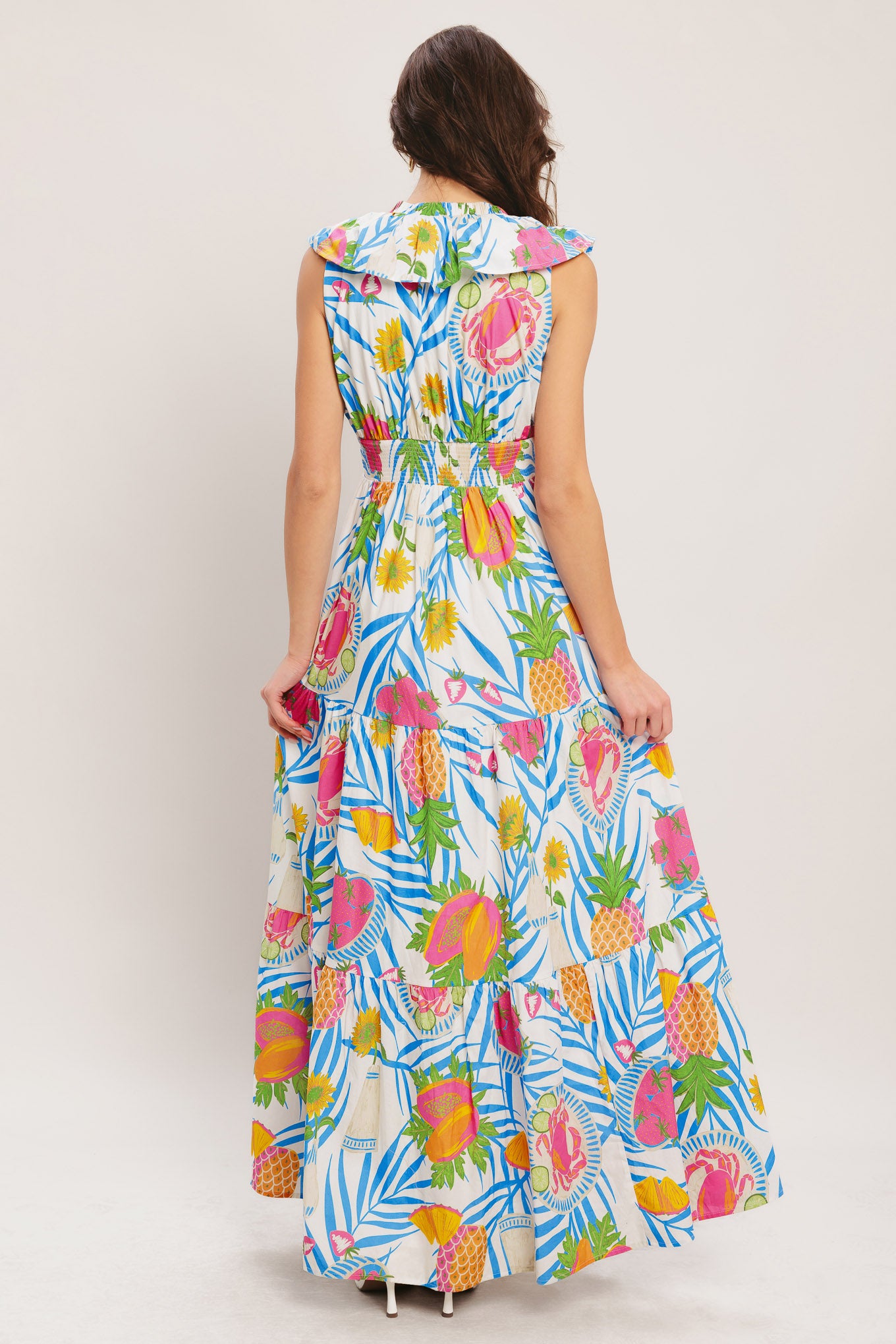 
A printed woven maxi dress featuring V neckline with ruffle, waist yoke, tiered skirt and smocked back waist band

Details:

Self : 100% Cotton
Lining : 100% Polyester

Size &amp; Fit

- Model is 5`8" And Wearing Size Small
- Measurements Taken From Size Small
- Approx. Length: 56"