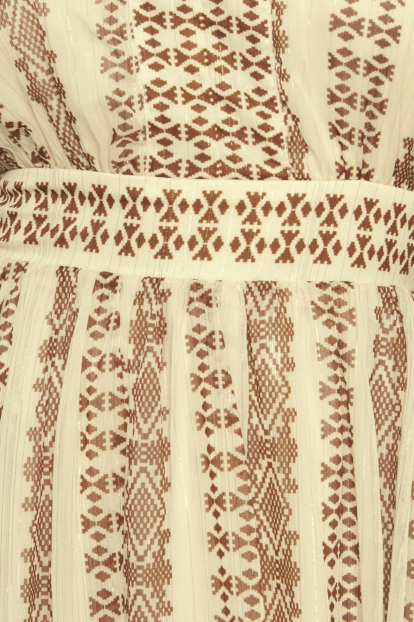 A printed metallic threaded woven midi dress featuring V neckline, long sleeve, tiered skirt and smocked back waist band