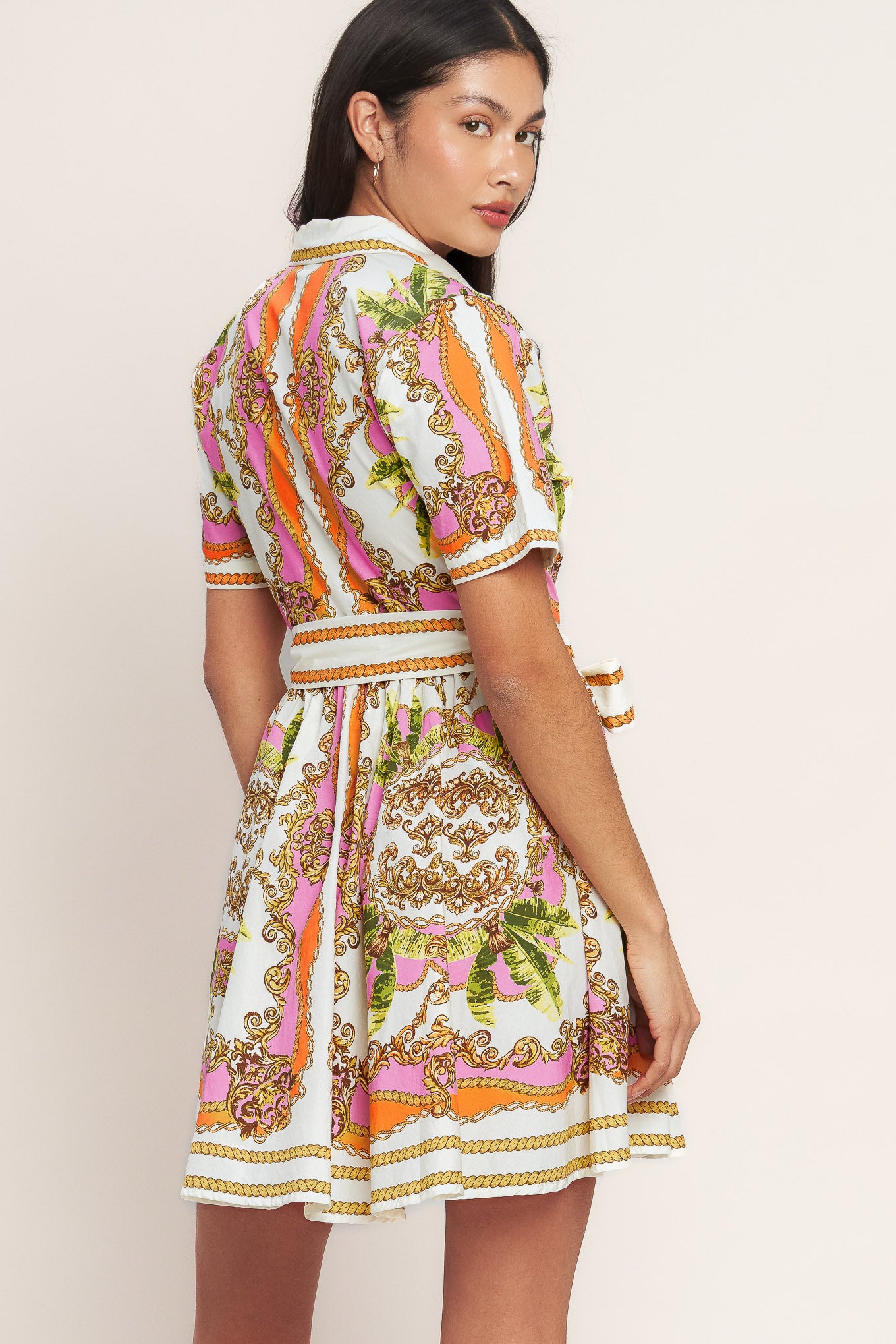 
A printed woven mini shirt dress featuring collar, short sleeve, button down and self sash tie

Details:

Self : 100% Cotton

Size &amp; Fit

- Model is 5`8" And Wearing Size Small
- Measurements Taken From Size Small
- Approx. Length: 36" Flying Tomato