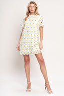 A woven lace mini shift dress with short sleeve and back button closure

Details:

Self: 100% Polyester

Lining: 100% Polyester

Size & Fit

-Model is 5`8" And Wearing Size Small 
-Measurements Taken From Size Small
-Approx. Length: 35"