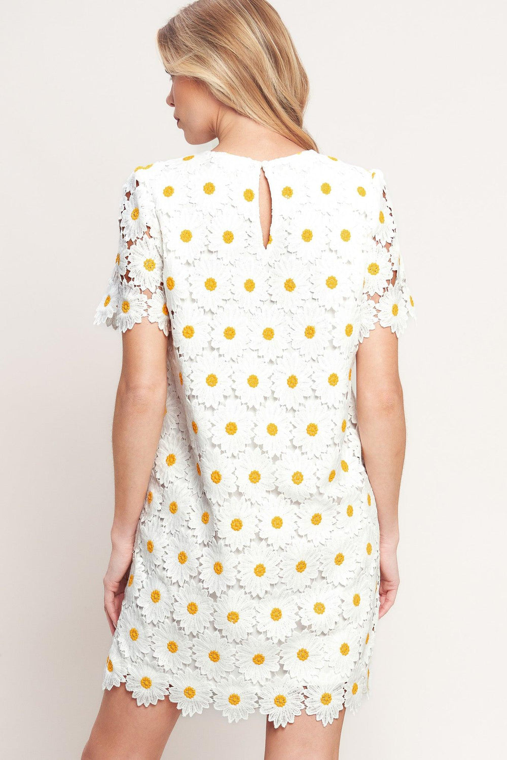 A woven lace mini shift dress with short sleeve and back button closure

Details:

Self: 100% Polyester

Lining: 100% Polyester

Size & Fit

-Model is 5`8" And Wearing Size Small 
-Measurements Taken From Size Small
-Approx. Length: 35"