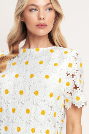A woven lace mini shift dress with short sleeve and back button closure

Details:

Self: 100% Polyester

Lining: 100% Polyester

Size & Fit

-Model is 5`8" And Wearing Size Small 
-Measurements Taken From Size Small
-Approx. Length: 35"