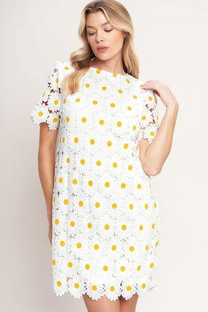 A woven lace mini shift dress with short sleeve and back button closure

Details:

Self: 100% Polyester

Lining: 100% Polyester

Size & Fit

-Model is 5`8" And Wearing Size Small 
-Measurements Taken From Size Small
-Approx. Length: 35"