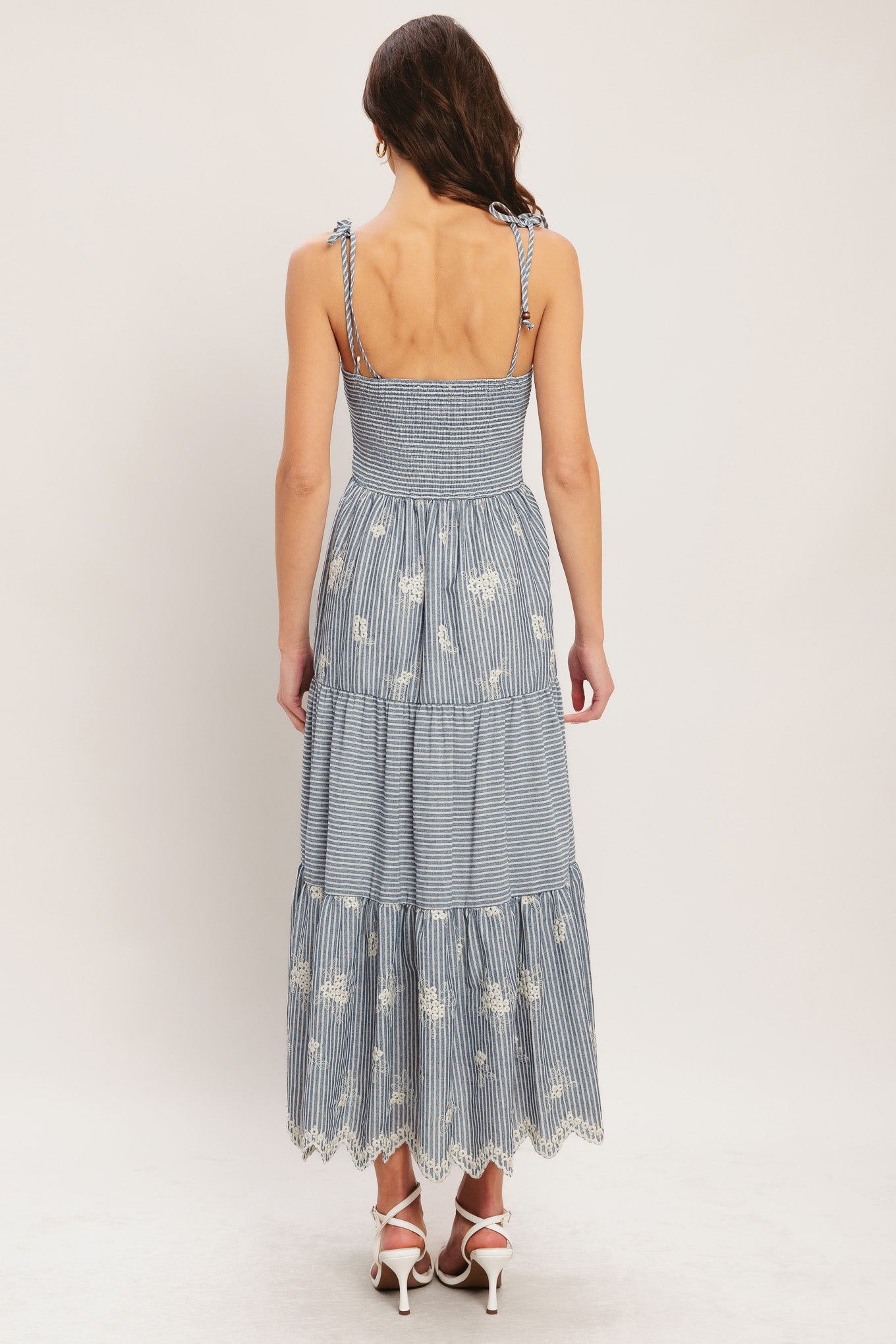 
A striped embroidered woven midi dress featuring straight neckline with shoulder tie, tier skirt and smocked back bodice

Details:

Self : 50% Polyester 50% Cotton
Contrast : 50% Polyester 50% Cotton
Lining : 100% Polyester

Size &amp; Fit

- Model is 5`8" And Wearing Size Small
- Measurements Taken From Size Small
- Approx. Length: 54"