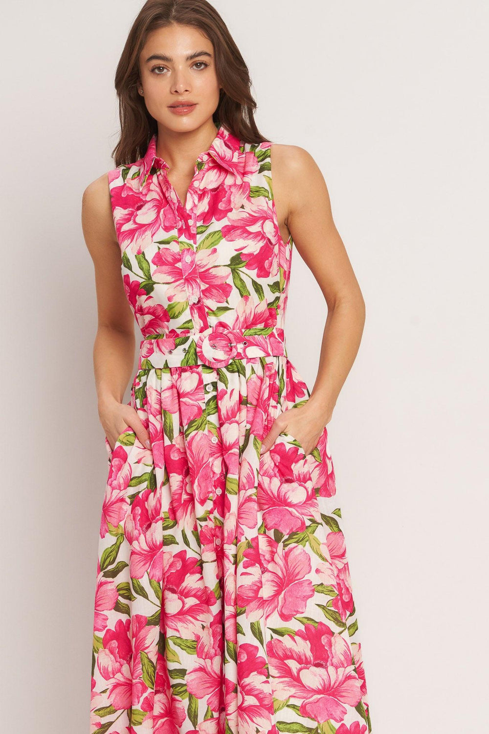 PINK PARADISE WOVEN MIDI DRESS.