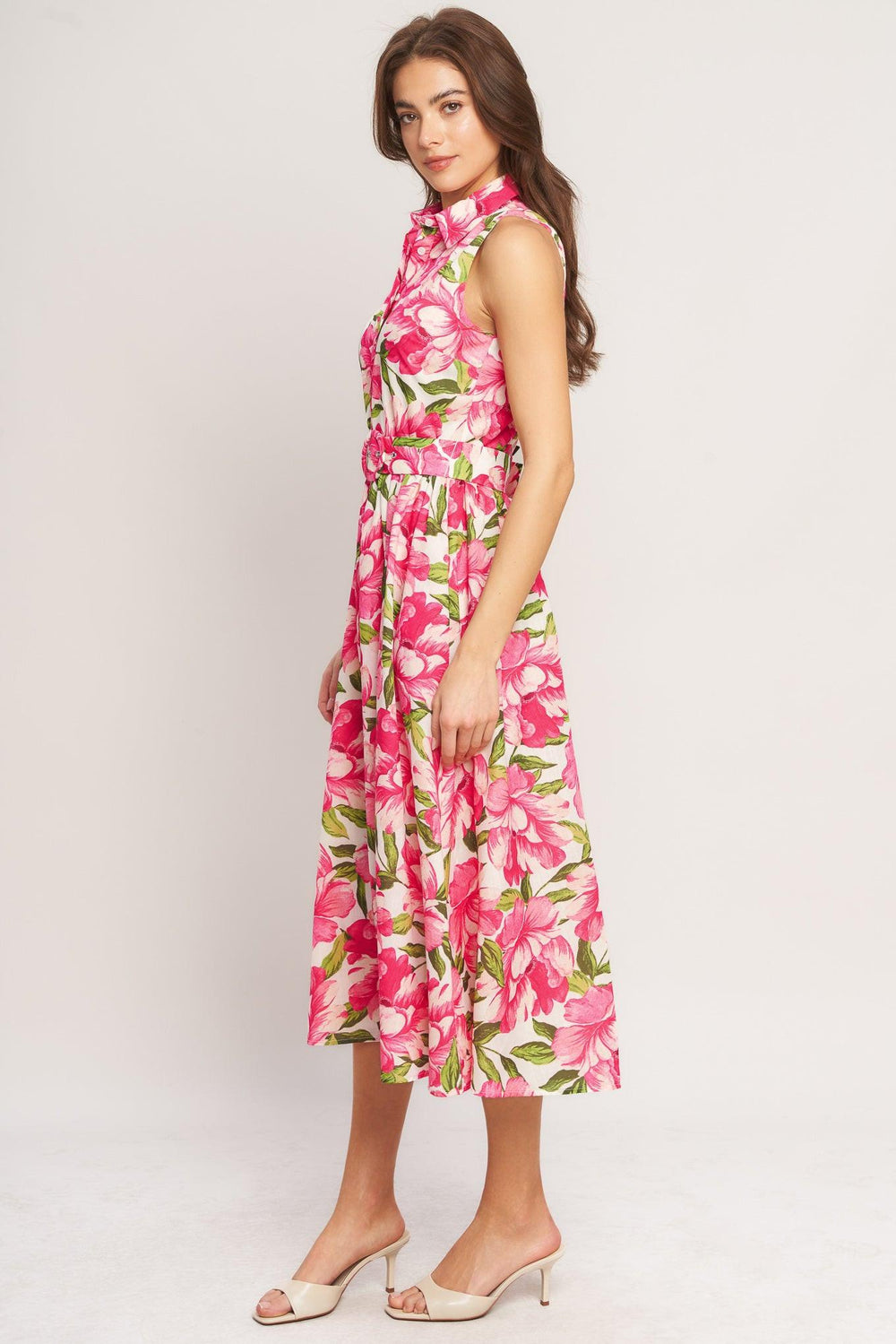 PINK PARADISE WOVEN MIDI DRESS.
