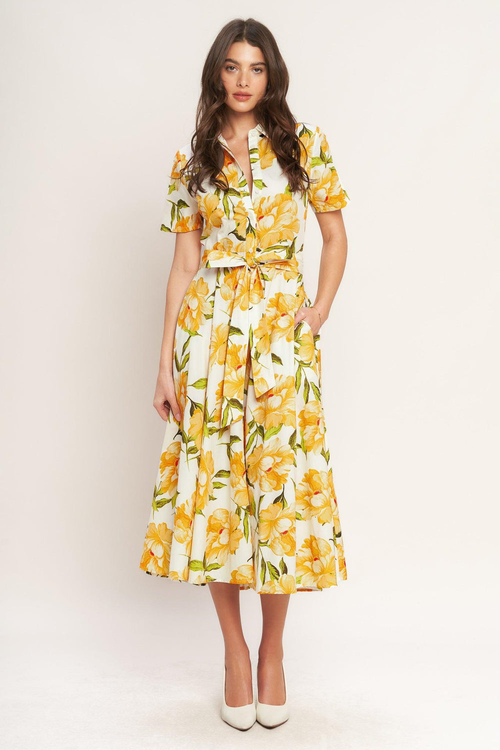 
A printed woven midi dress featuring collar, short sleeve, button down, self sash tie and circle skirt

Details:

Self : 100% Cotton

Size &amp; Fit

- Model is 5`8" And Wearing Size Small
- Measurements Taken From Size Small
- Approx. Length: 50" Flying Tomato