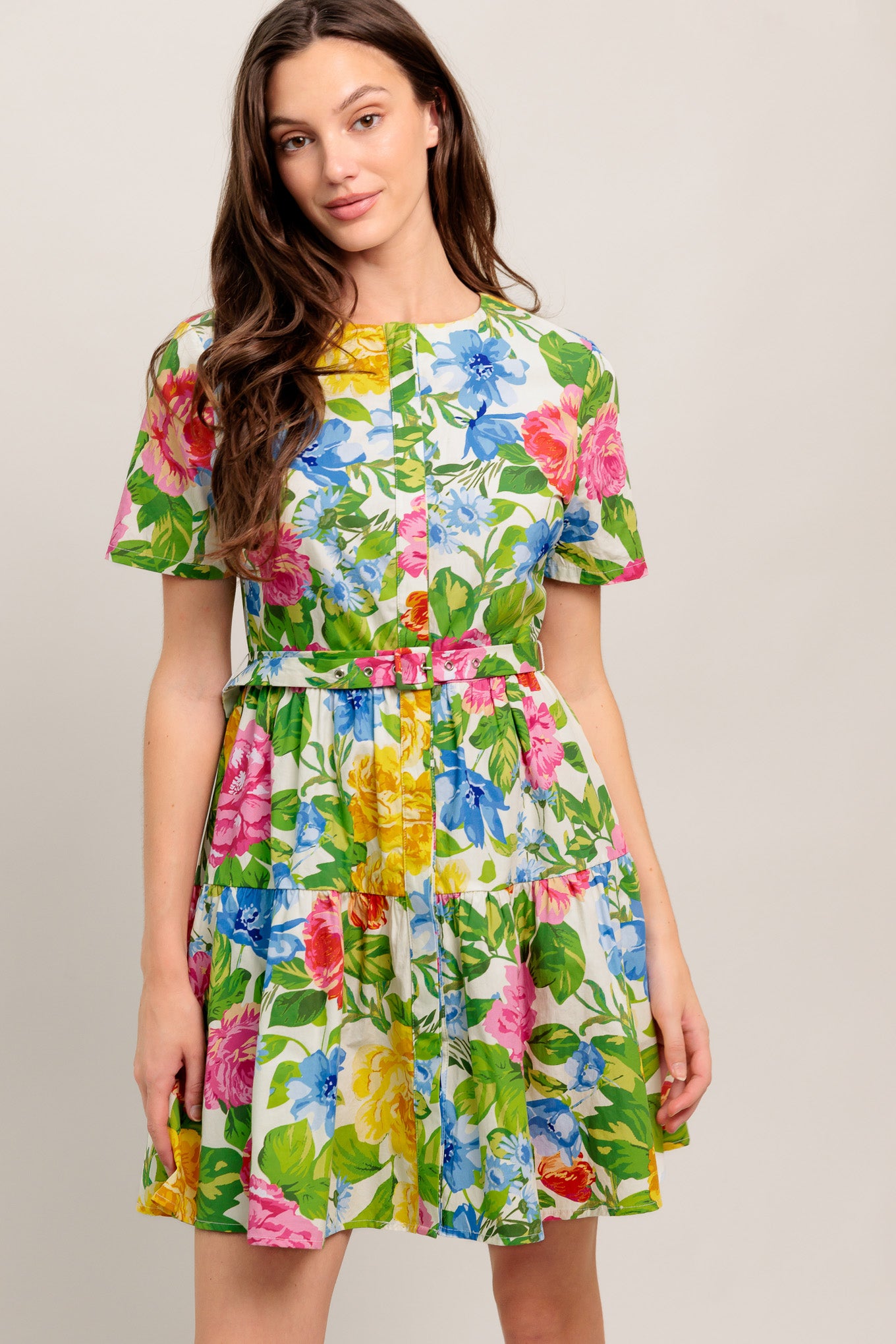 
A printed woven mini dress featuring round neckline, short sleeve, hidden placket, self belt and ruffle hem

Details:

Self : 100% Cotton

Size &amp; Fit

- Model is 5`8" And Wearing Size Small
- Measurements Taken From Size Small
- Approx. Length: 35" Flying Tomato