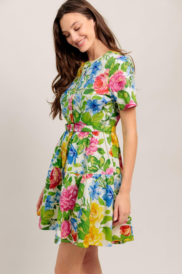 
A printed woven mini dress featuring round neckline, short sleeve, hidden placket, self belt and ruffle hem

Details:

Self : 100% Cotton

Size &amp; Fit

- Model is 5`8" And Wearing Size Small
- Measurements Taken From Size Small
- Approx. Length: 35" Flying Tomato