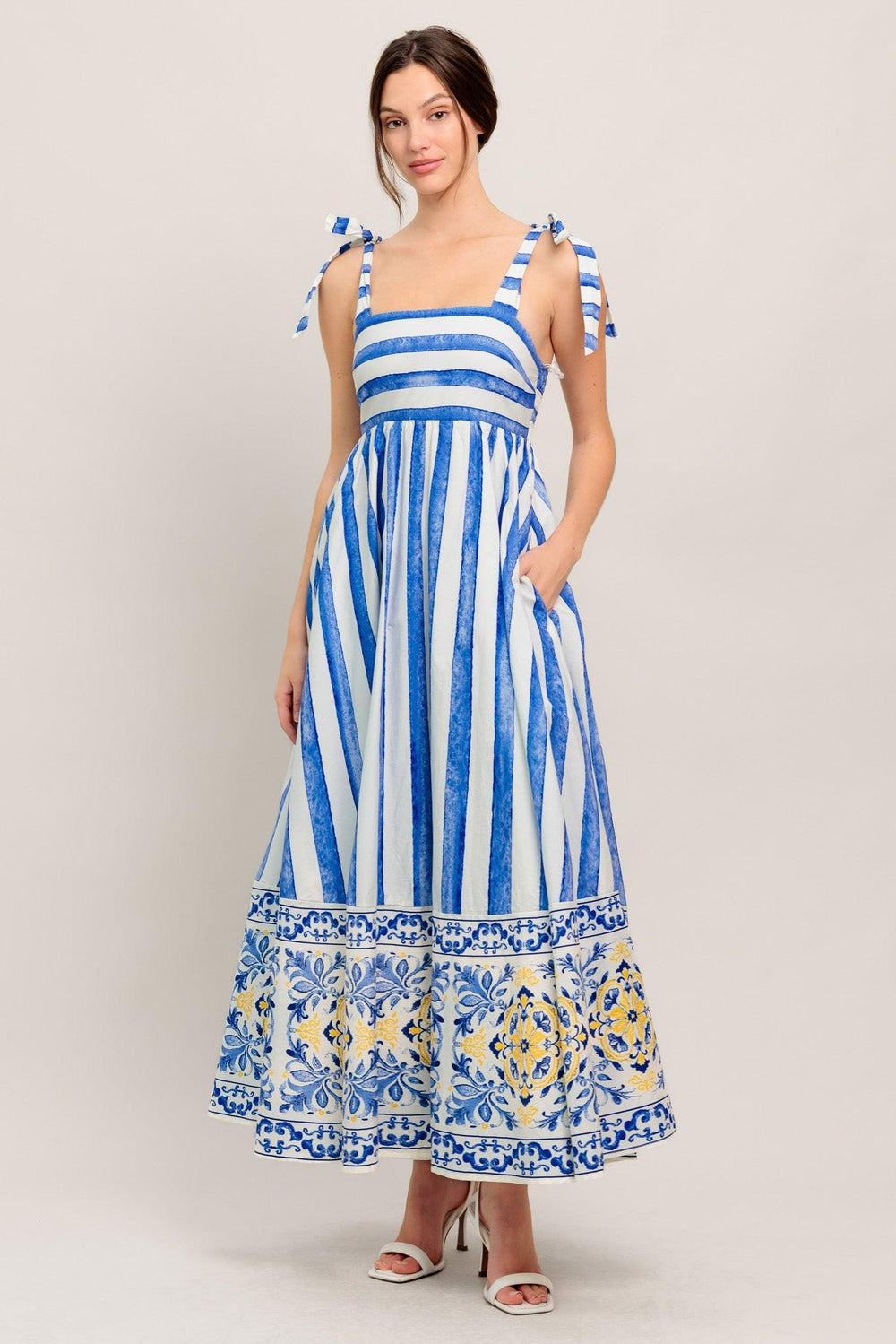 
A printed woven midi dress featuring straight neckline, shoulder tie and smocked back bodice

Details:

Self : 100% Cotton
Lining : 100% Polyester

Size &amp; Fit

- Model is 5`8" And Wearing Size Small
- Measurements Taken From Size Small
- Approx. Length: 52" Flying Tomato