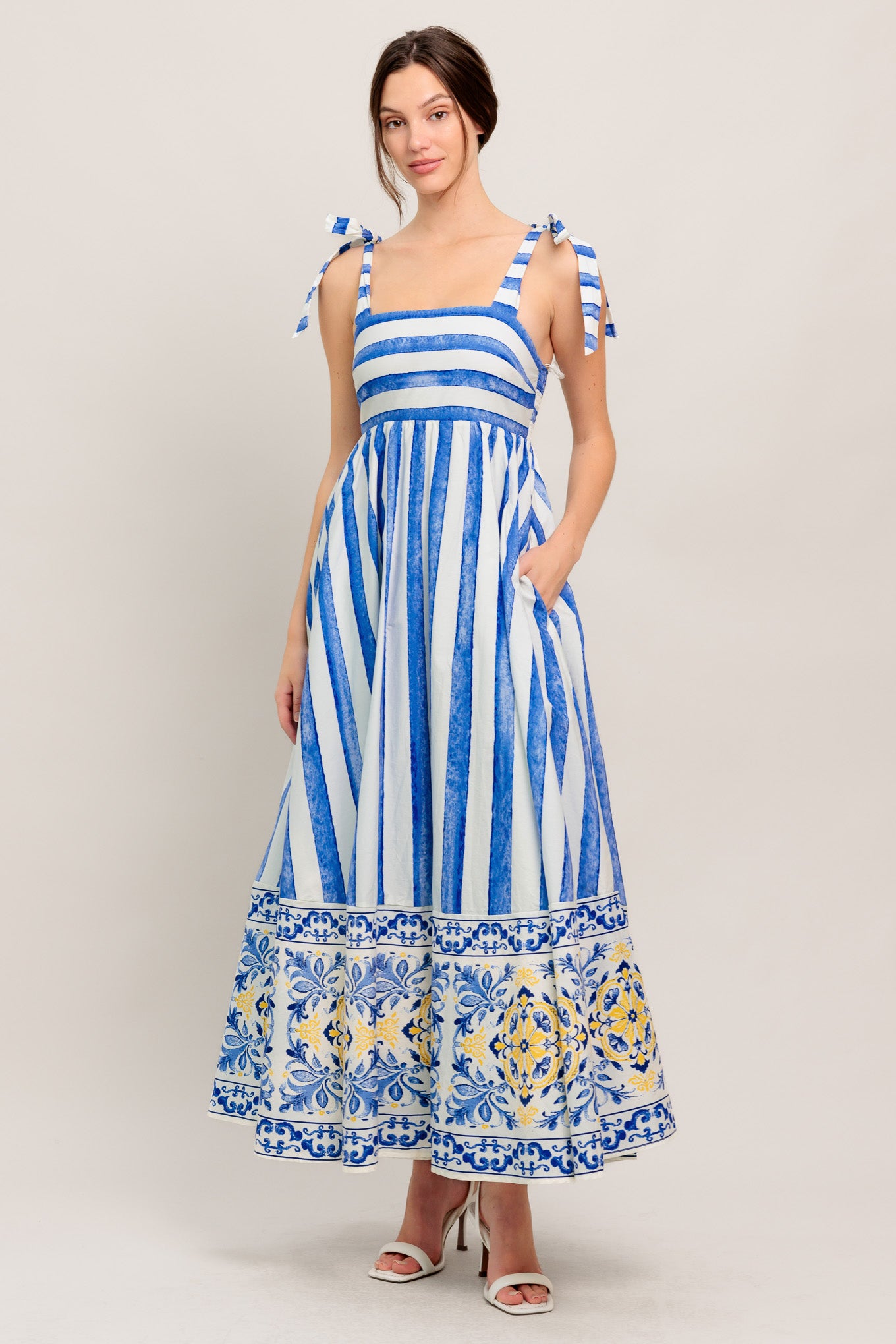 
A printed woven midi dress featuring straight neckline, shoulder tie and smocked back bodice

Details:

Self : 100% Cotton
Lining : 100% Polyester

Size &amp; Fit

- Model is 5`8" And Wearing Size Small
- Measurements Taken From Size Small
- Approx. Length: 52" Flying Tomato
