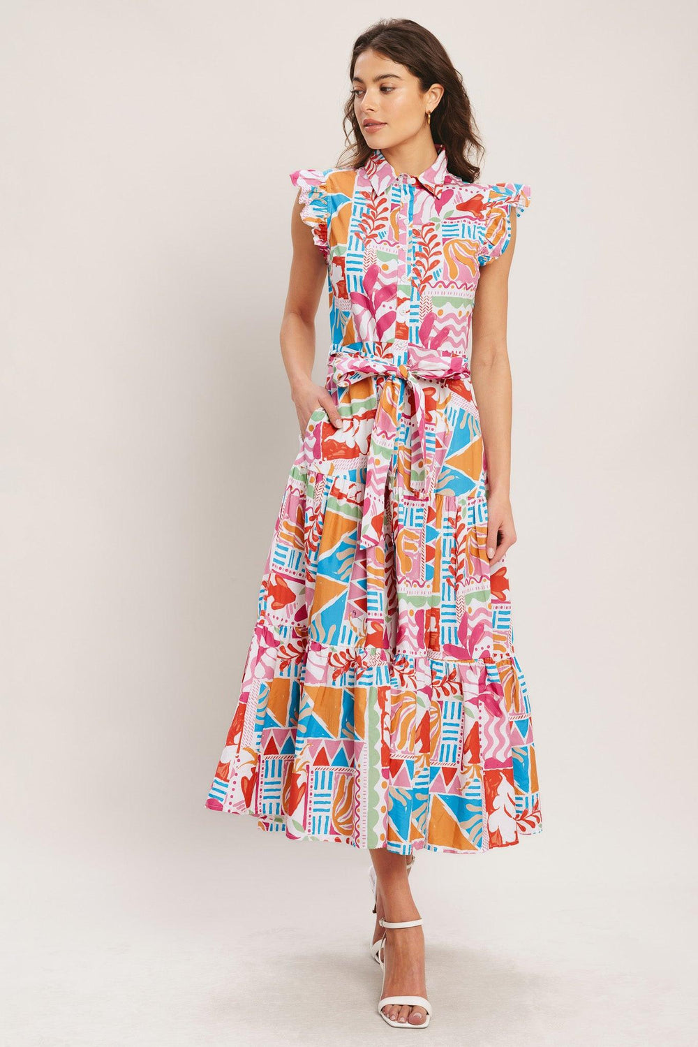 RIVIERA MOSAIC WOVEN MIDI DRESS.