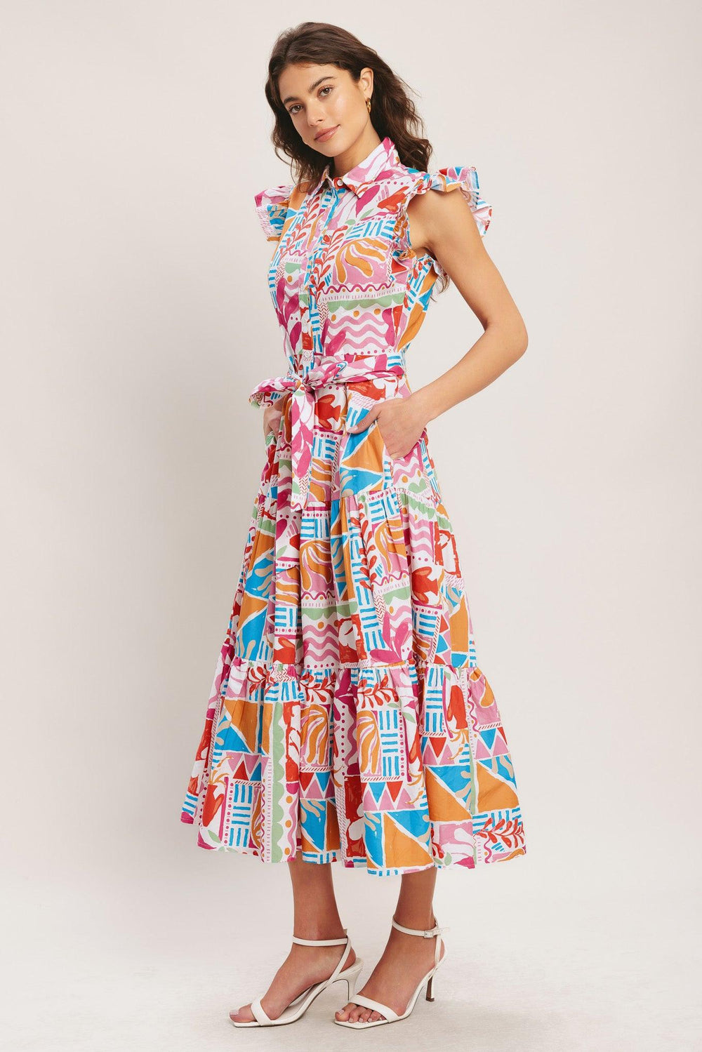RIVIERA MOSAIC WOVEN MIDI DRESS.
