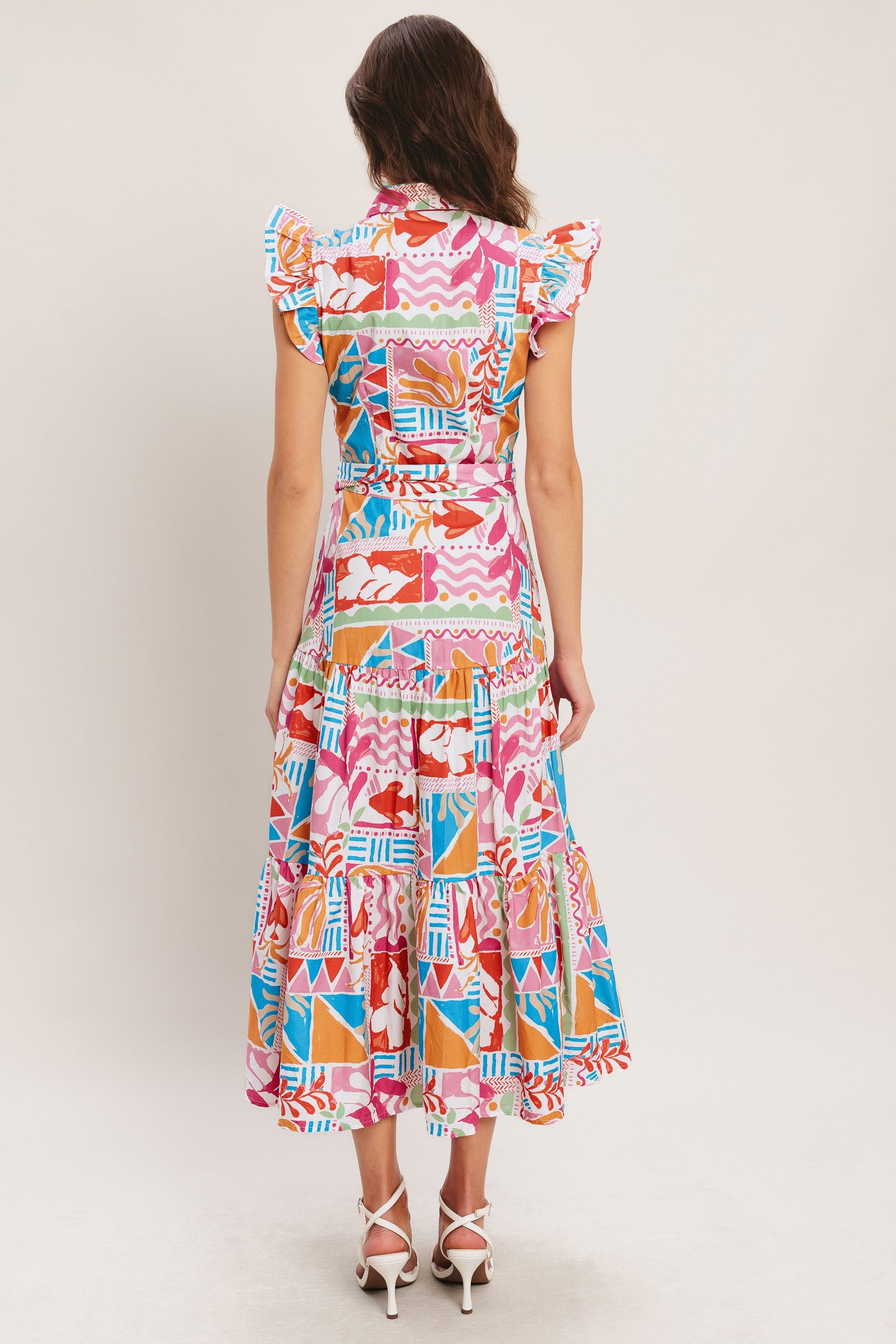 
A printed woven midi dress featuring collar, short ruffle sleeve, button down, self sash tie and tier skirt

Details:

Self : 100% Cotton

Size &amp; Fit

- Model is 5`8" And Wearing Size Small
- Measurements Taken From Size Small
- Approx. Length: 52"