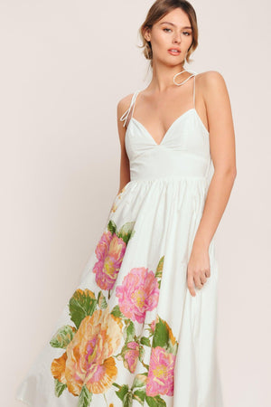 POETIC BLOOM WOVEN MIDI DRESS.