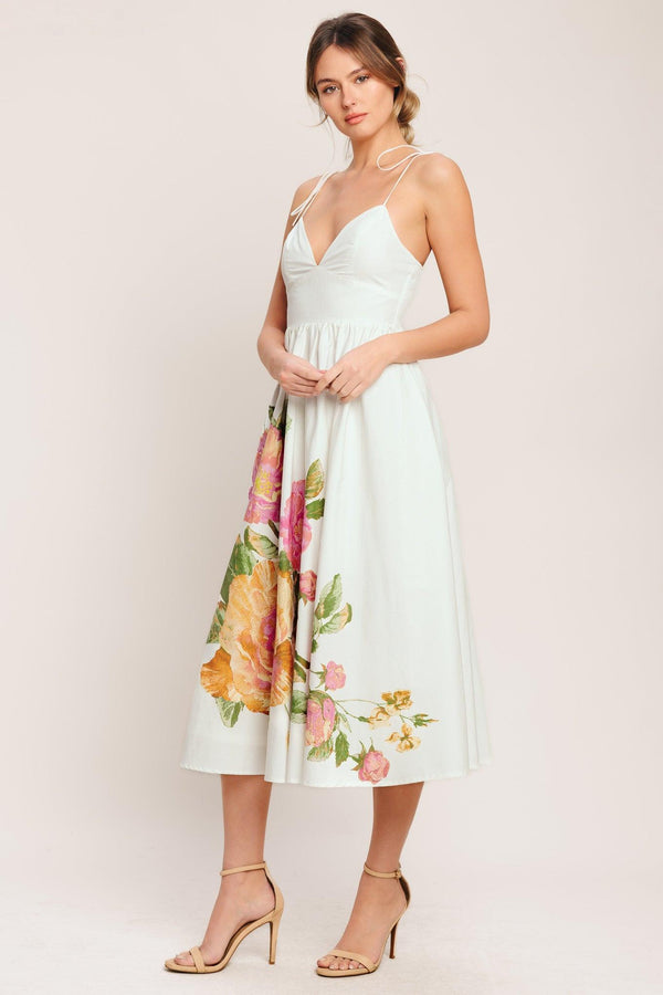 POETIC BLOOM WOVEN MIDI DRESS.